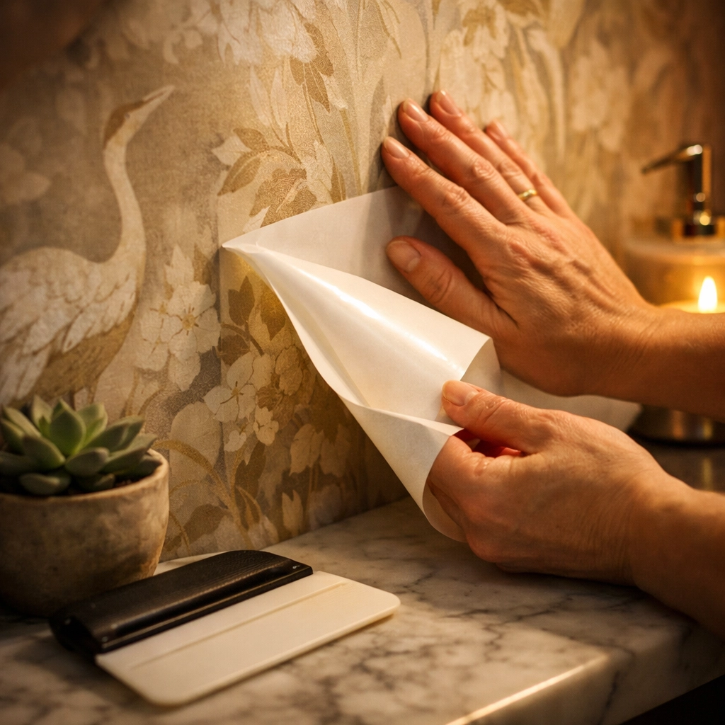 Hands applying peel and stick wallpaper to bathroom wall with smoothing tool