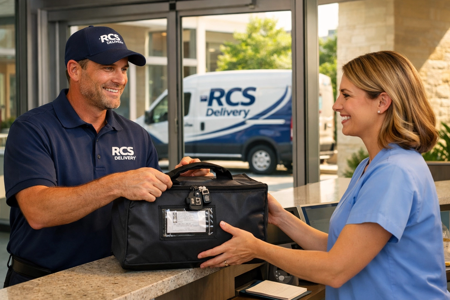 Professional medical courier service driver delivering a secure transport bag to a healthcare facility receptionist.
