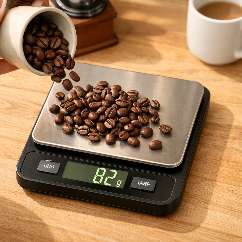 Weighing coffee beans on digital kitchen scale for consistent brewing