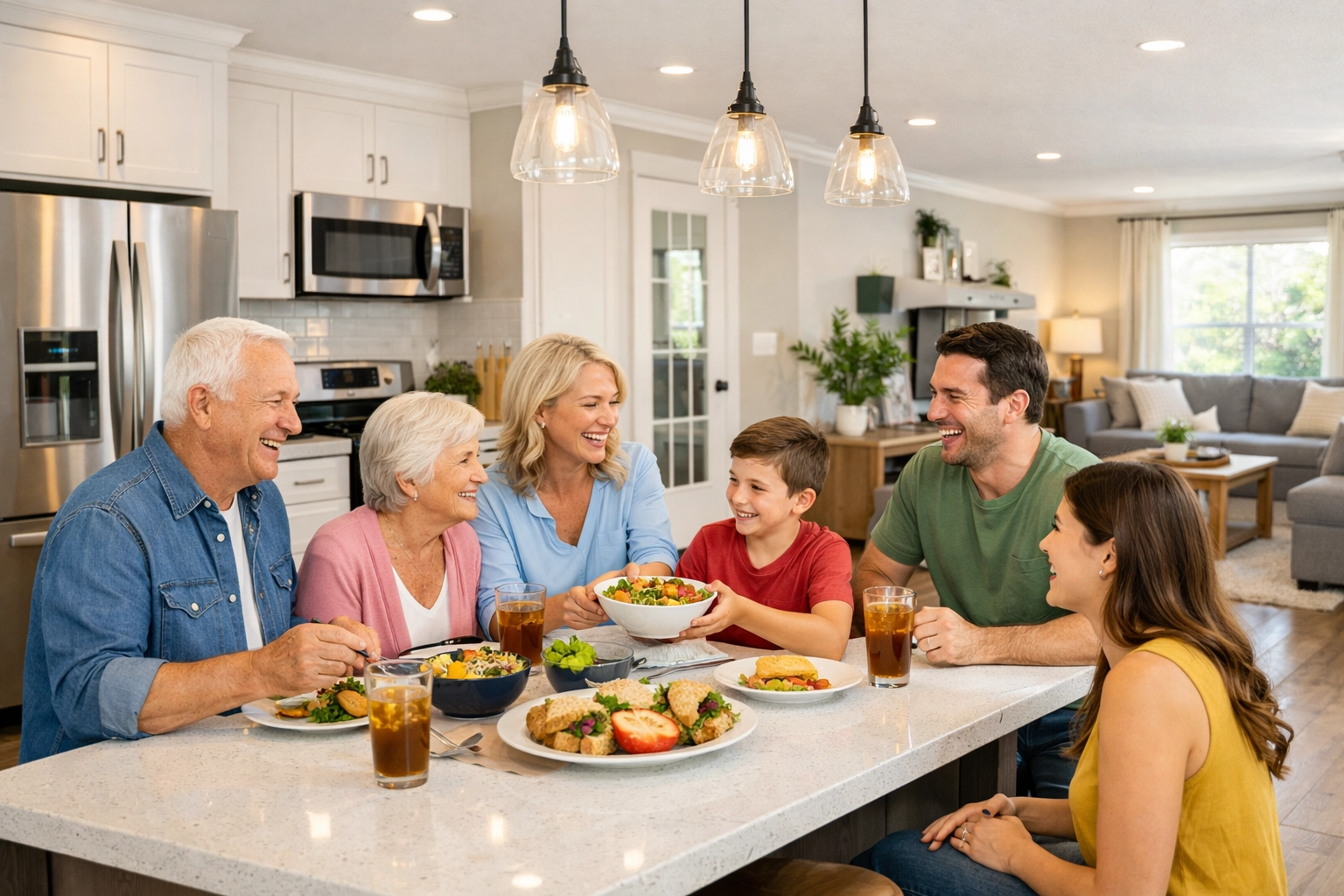 Interior of a spacious 4-bedroom manufactured home in Crosby with a family gathered in an open-concept kitchen.