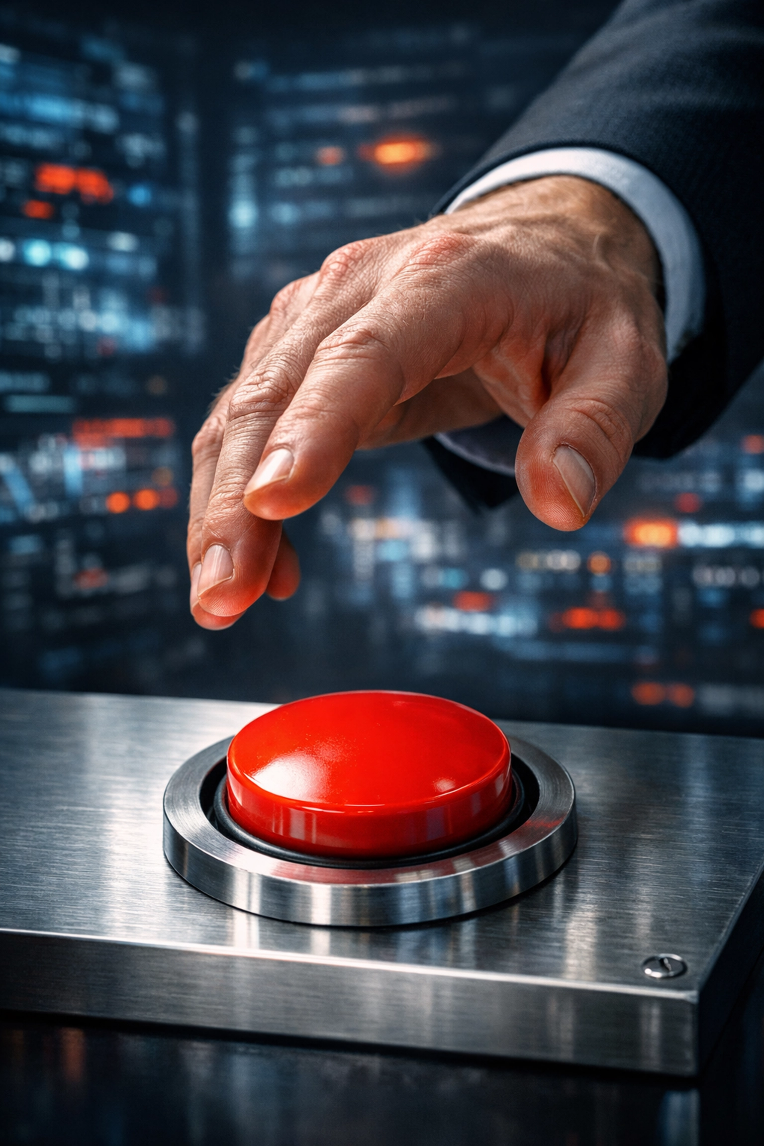 Manual kill-switch button on a data console representing human oversight in AI-driven fund management.