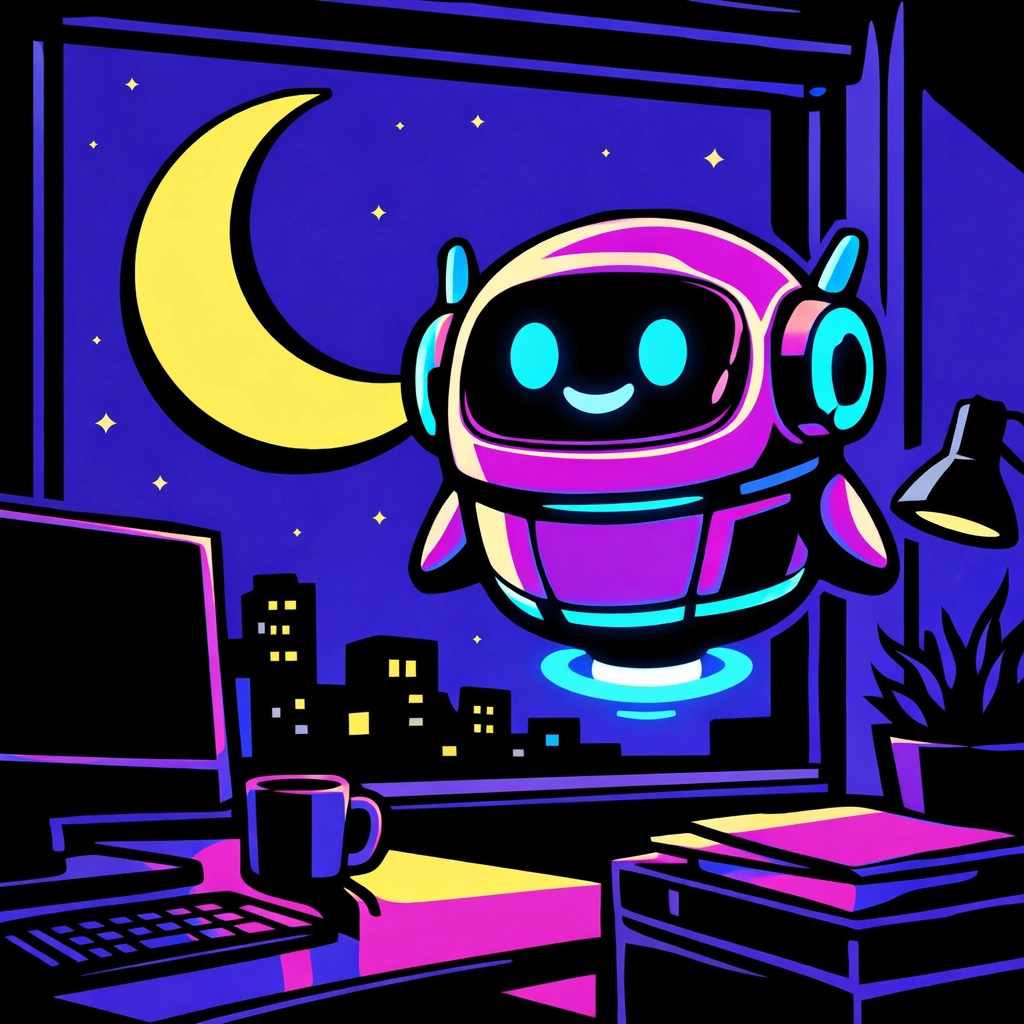 AI virtual assistant for business providing 24/7 support in a modern office at night.