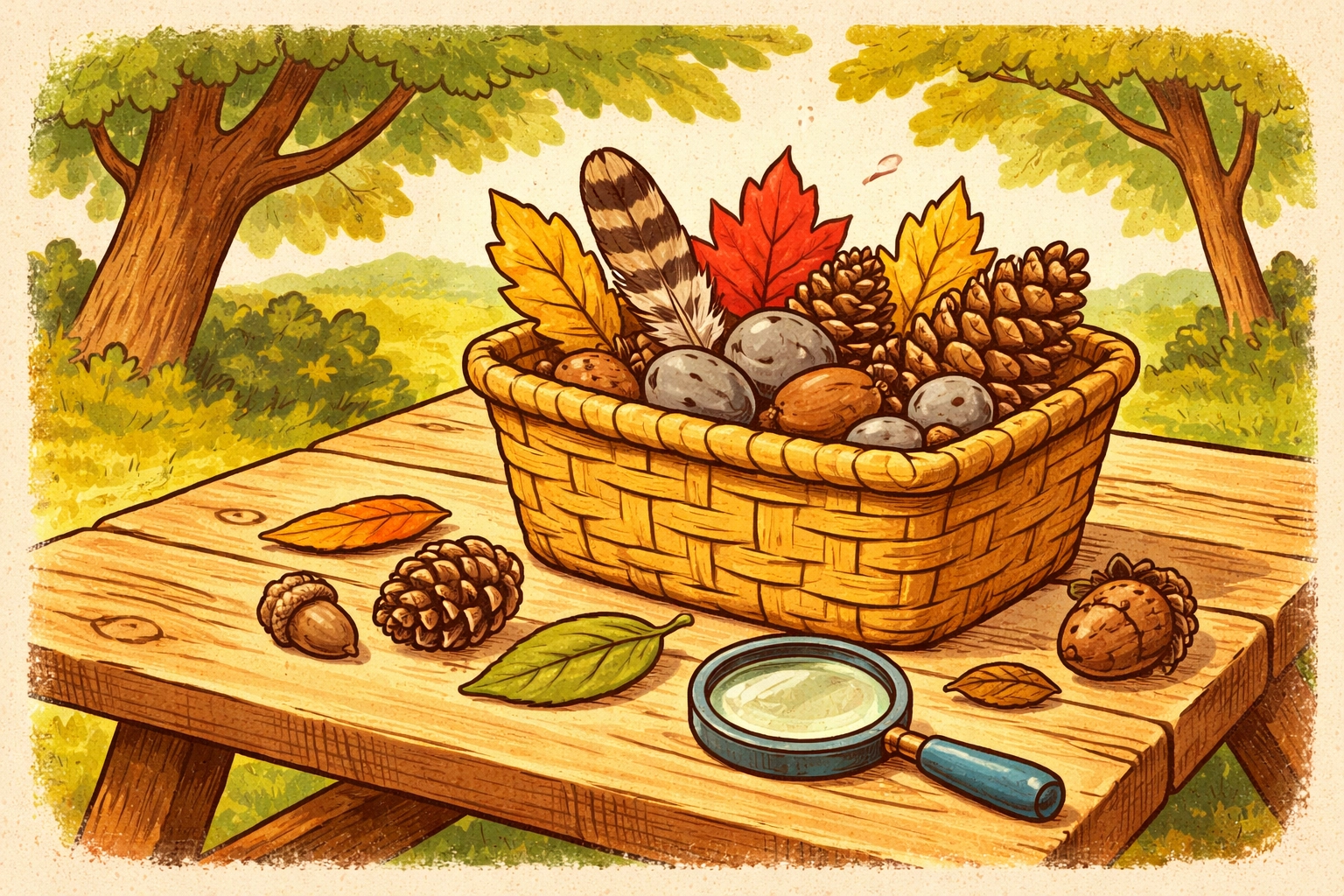 Basket with nature scavenger hunt treasures like leaves, rocks, and pinecones on a picnic table outdoors