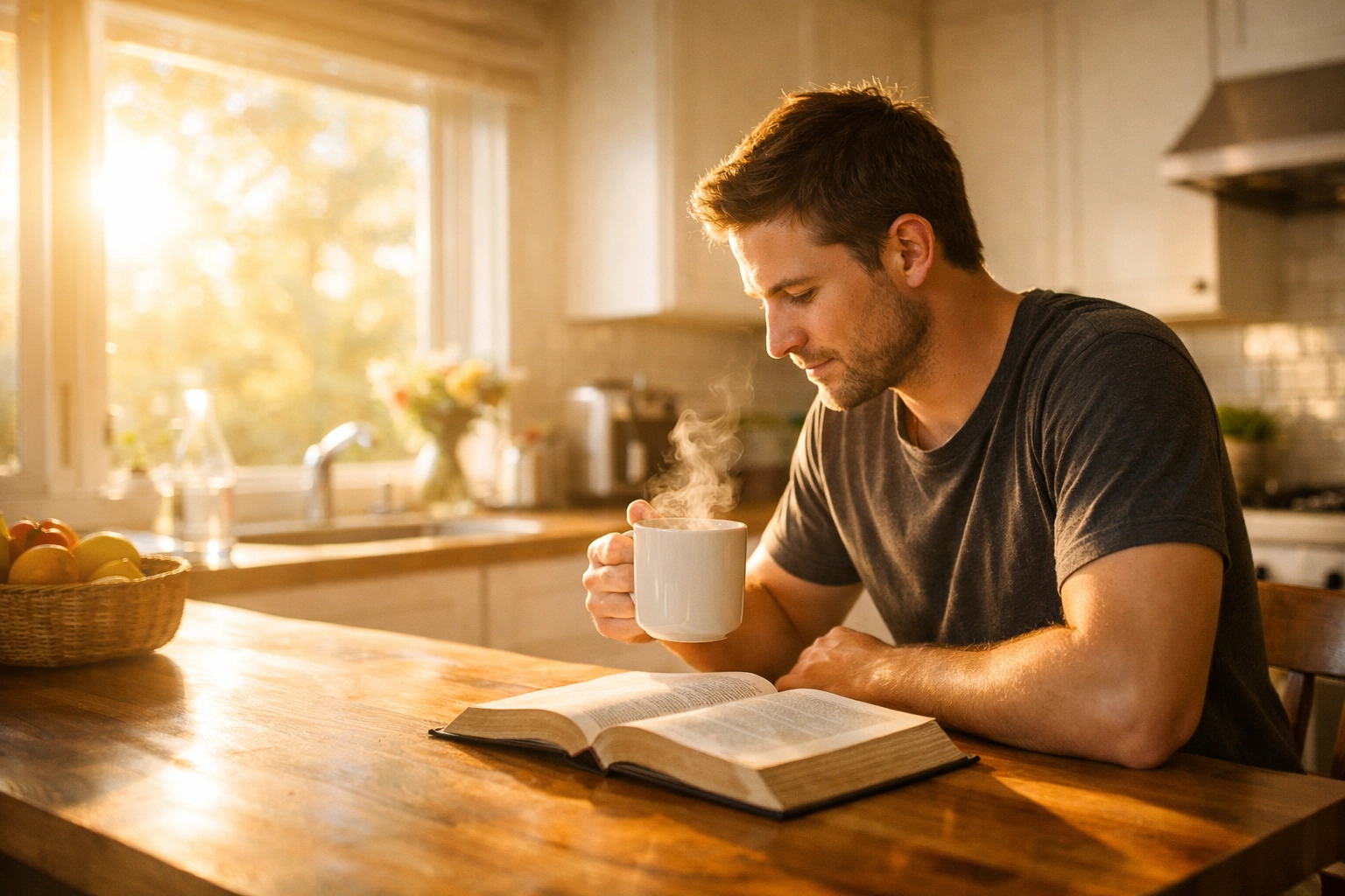 A man reads the Bible in a sunlit kitchen, reflecting on knowing the one true God in daily life.