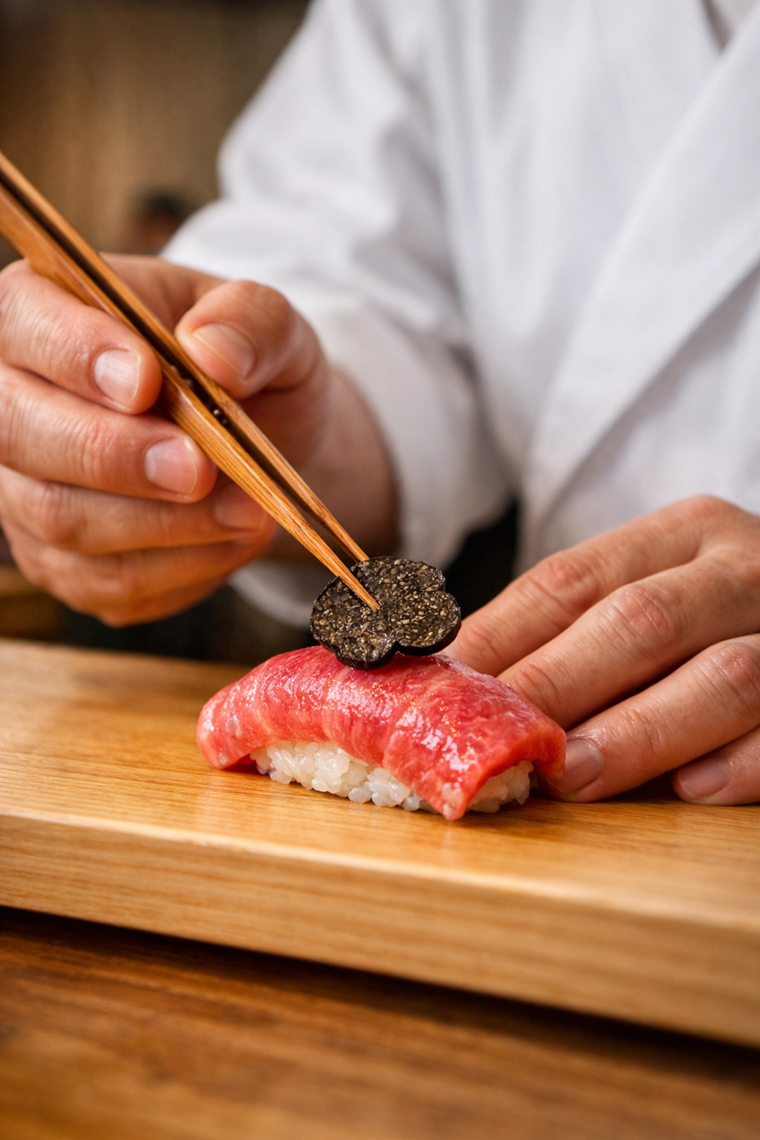 Sushi chef placing a black truffle slice on fatty tuna nigiri at a luxury Belmont sushi restaurant.