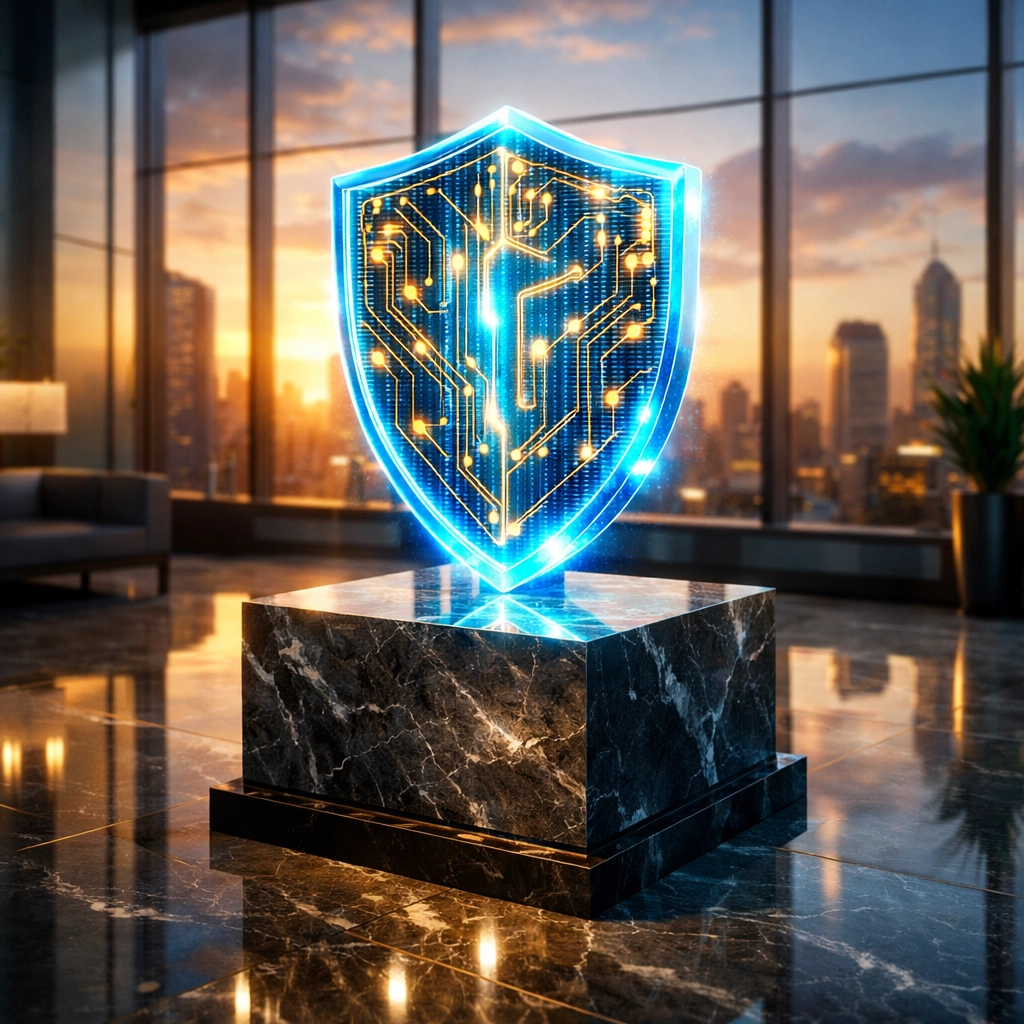 Digital security shield representing Larecoin's compliant Web3 payment infrastructure and regulatory protection.