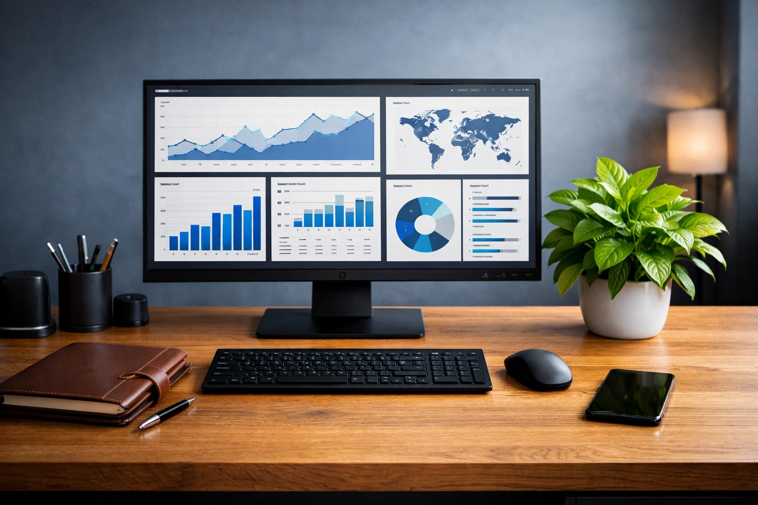 Modern Office Workspace with Real-Time Analytics