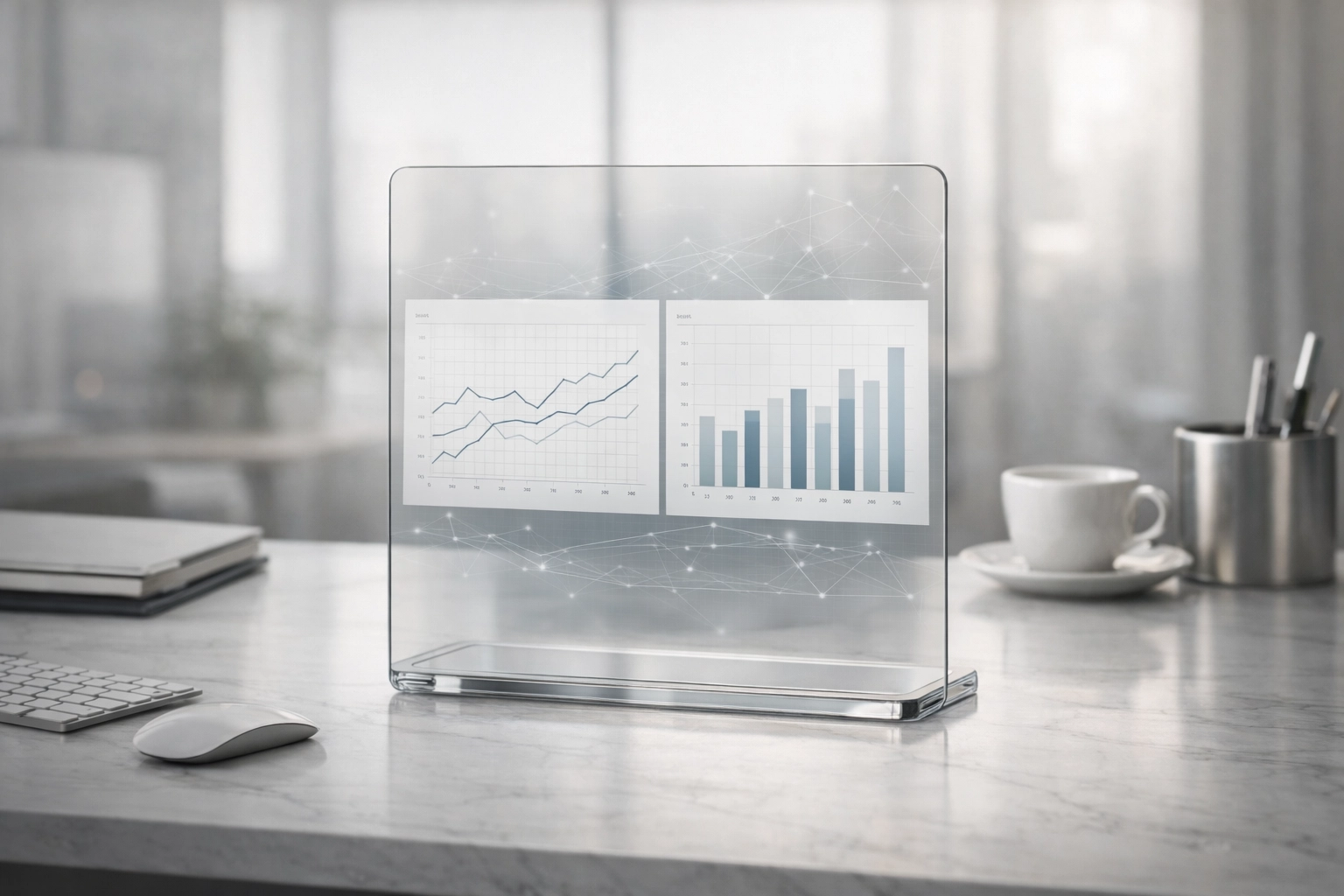 High-tech workspace showing data visualization for AI answer engine optimization and GTM strategy consulting.