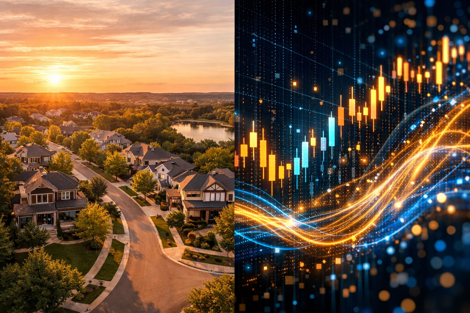 Real estate properties and cryptocurrency market data illustrating blended investment approach