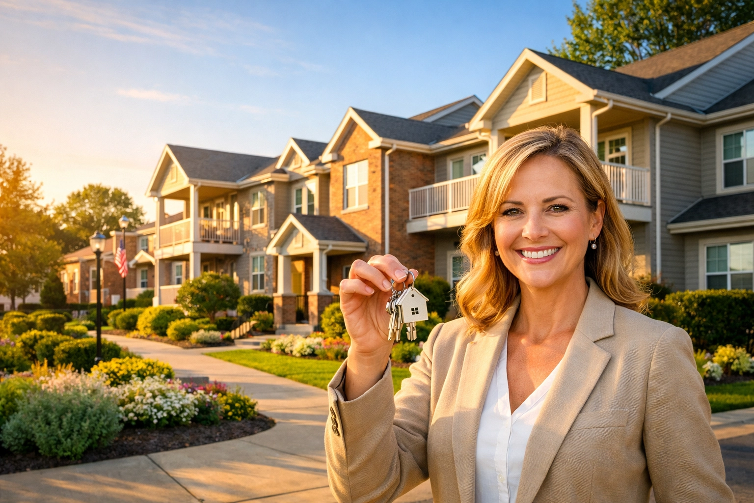 Professional woman with keys standing in front of a multi-family rental property in Missouri.