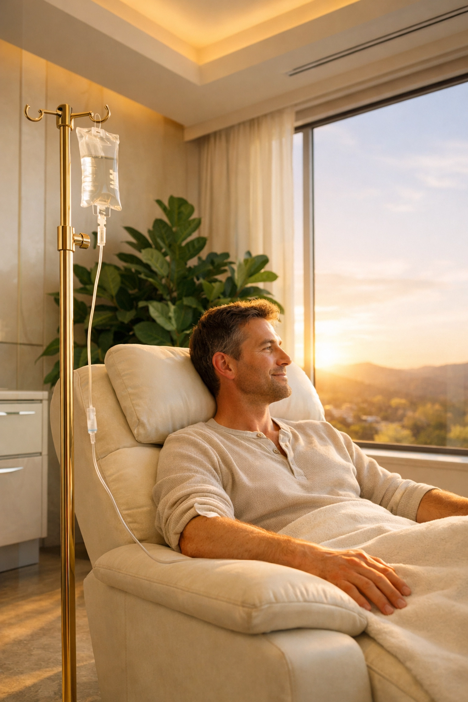 Patient receiving immune support IV therapy with Vitamin C and Glutathione in a relaxing wellness clinic.