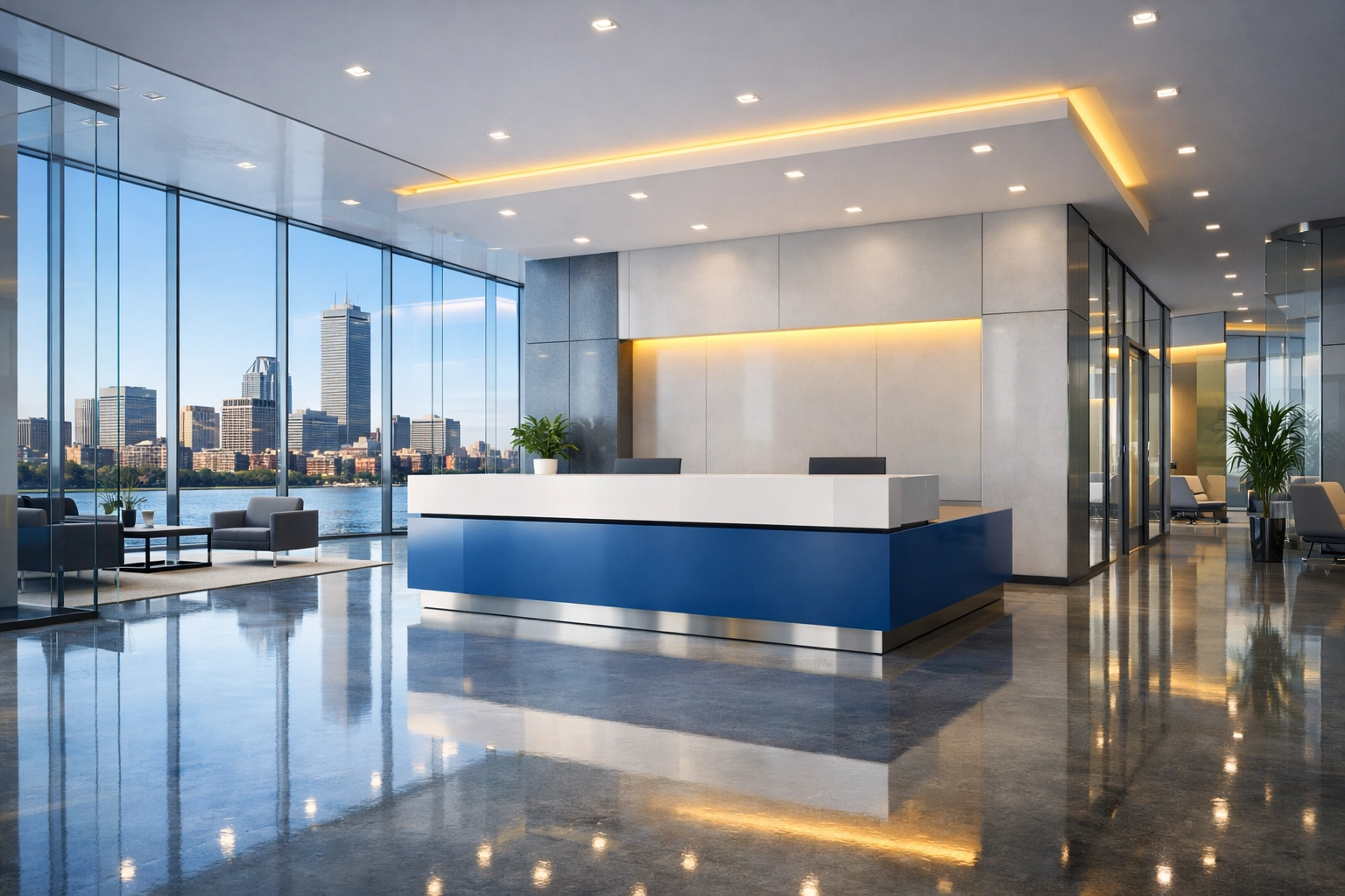 Clean modern office lobby in Boston highlighting professional commercial and house cleaning services MA.