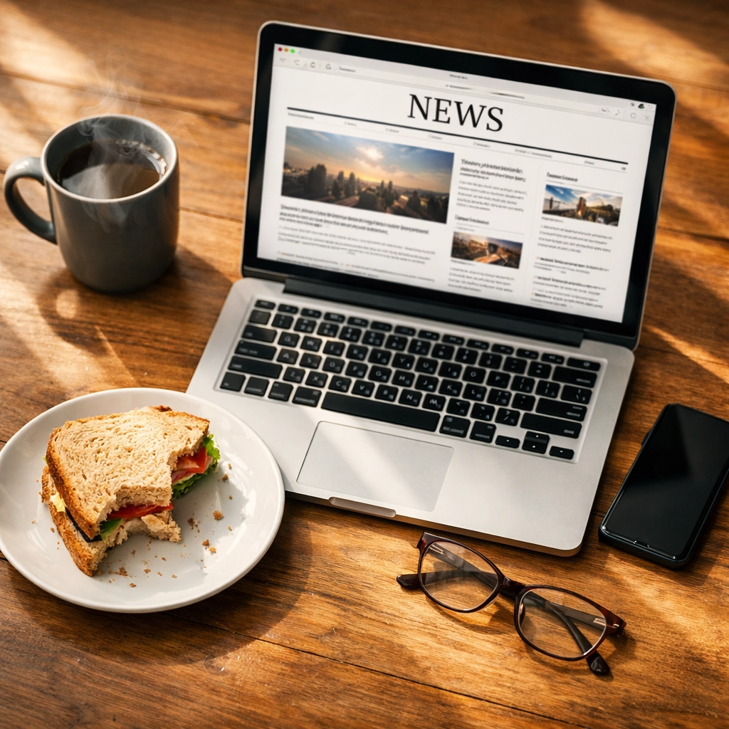 Laptop displaying midday news on desk with coffee and lunch during peaceful news catch-up
