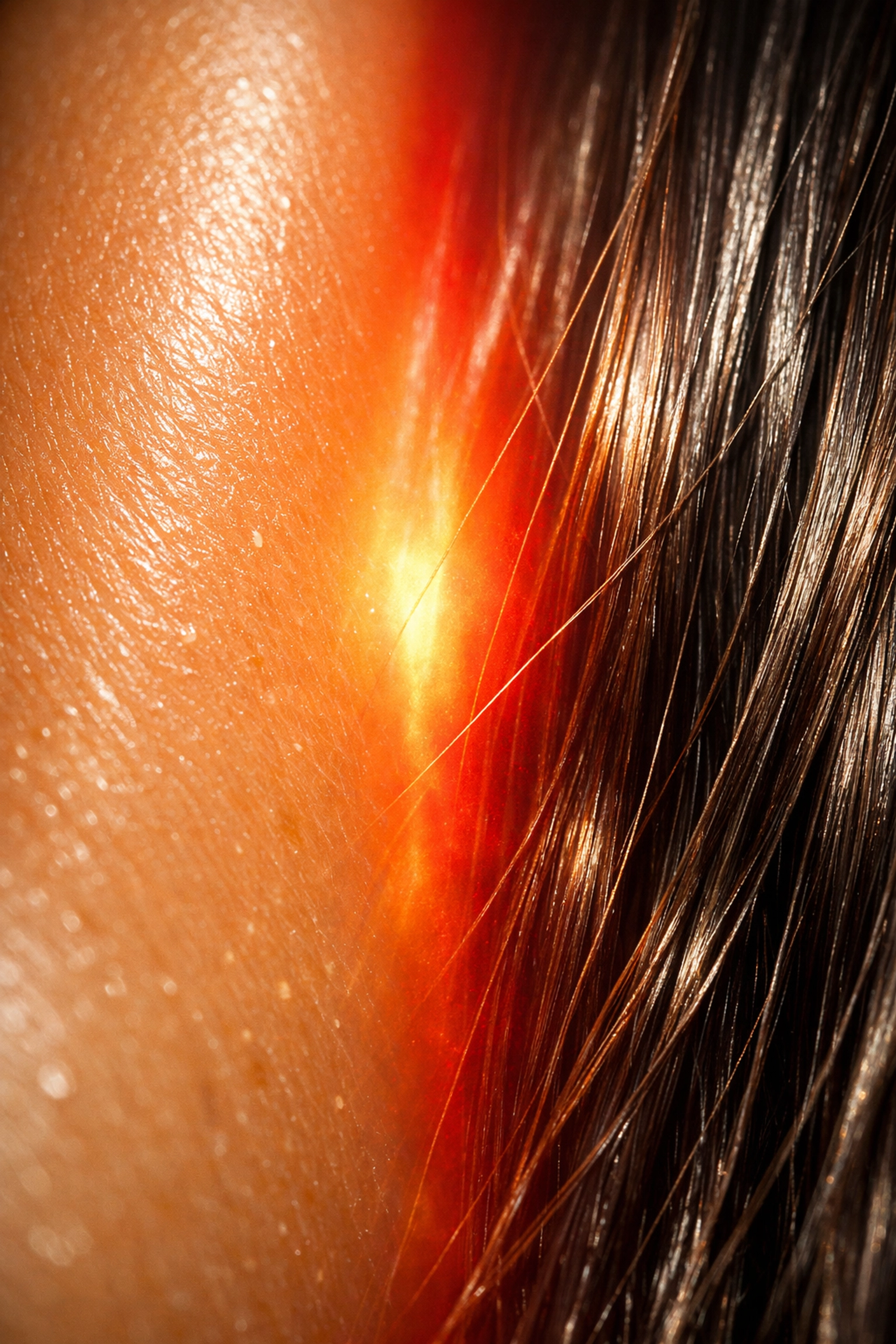 Close-up of healthy skin and thick hair strands showing the results of consistent red light therapy.