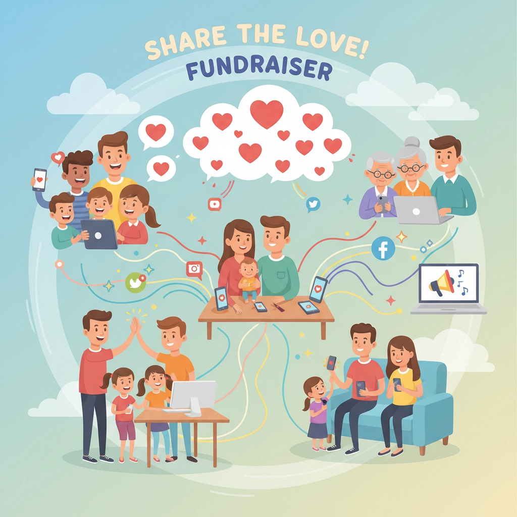 Cartoon people engaging online for a "Share the Love" fundraiser. Bright colors, heart icons, social media symbols, joyful atmosphere.