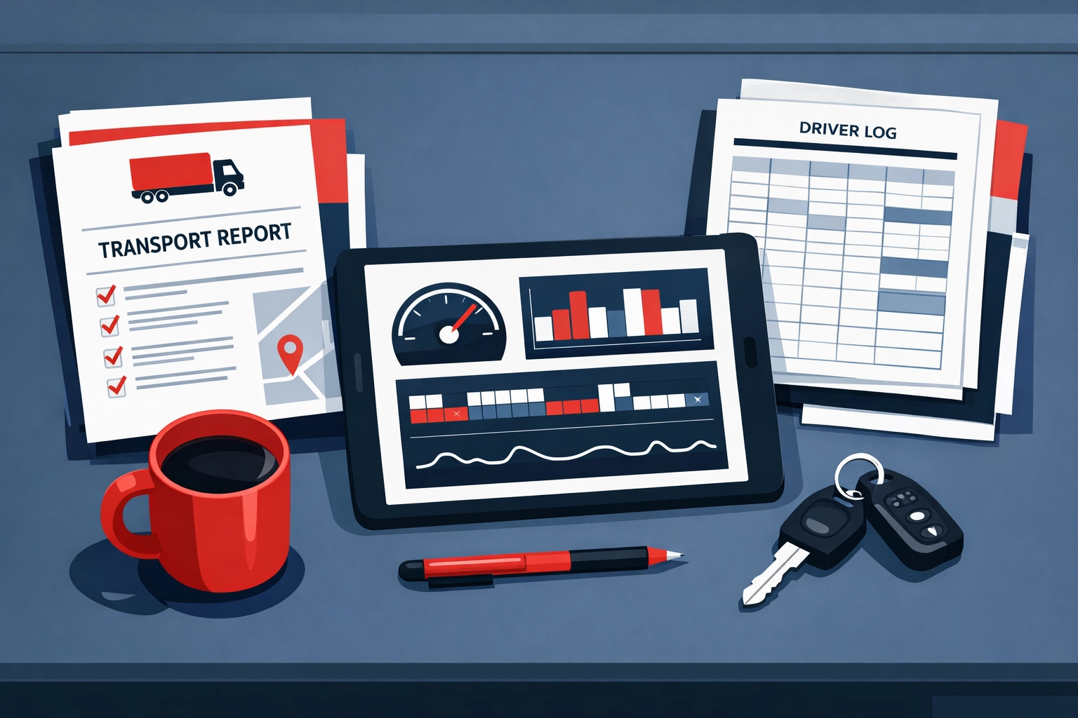 Organized transport compliance documents and tachograph records on office desk