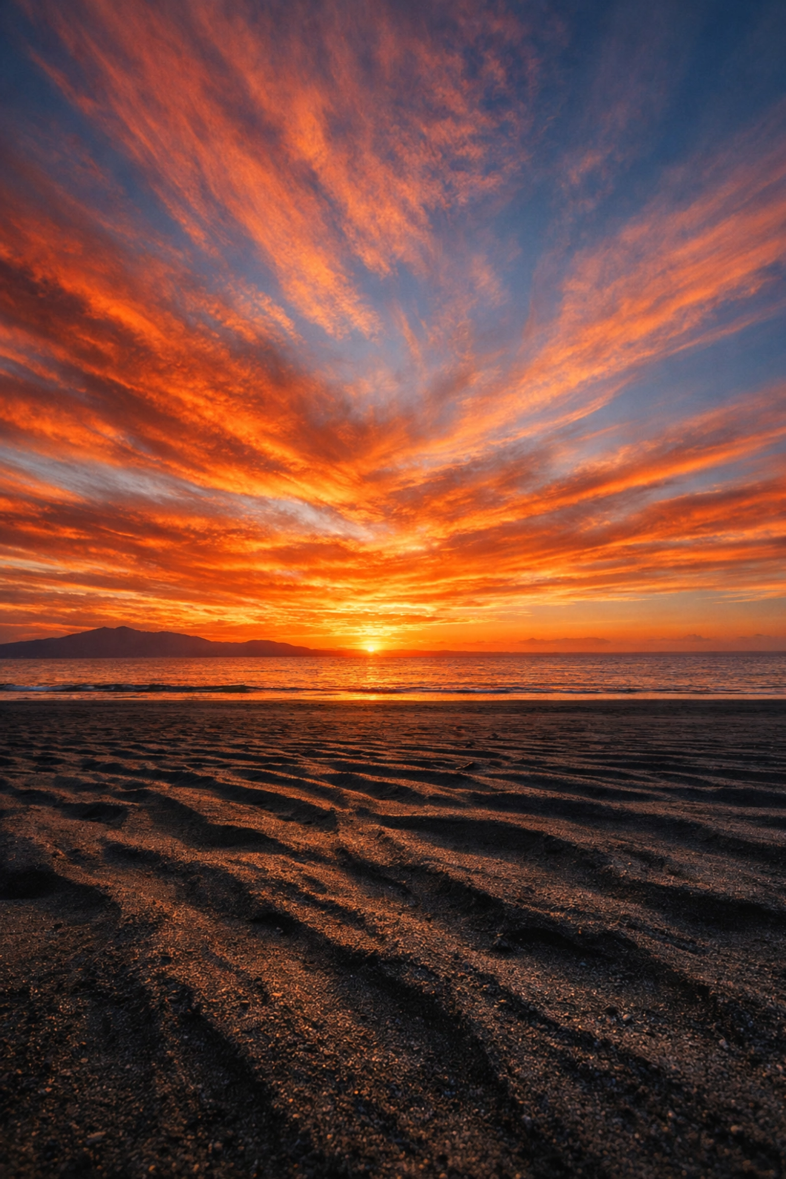 Landscape composition demonstrating the rule of thirds with the horizon on the lower line and a fiery sunset.