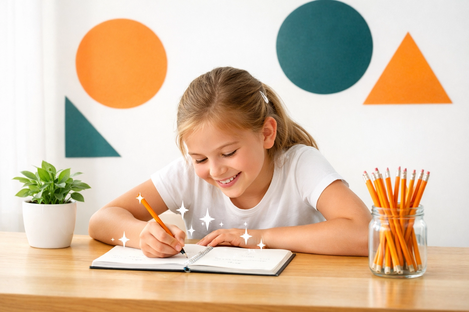 A young girl studying in an organized, minimalist space to boost concentration and focus for kids.