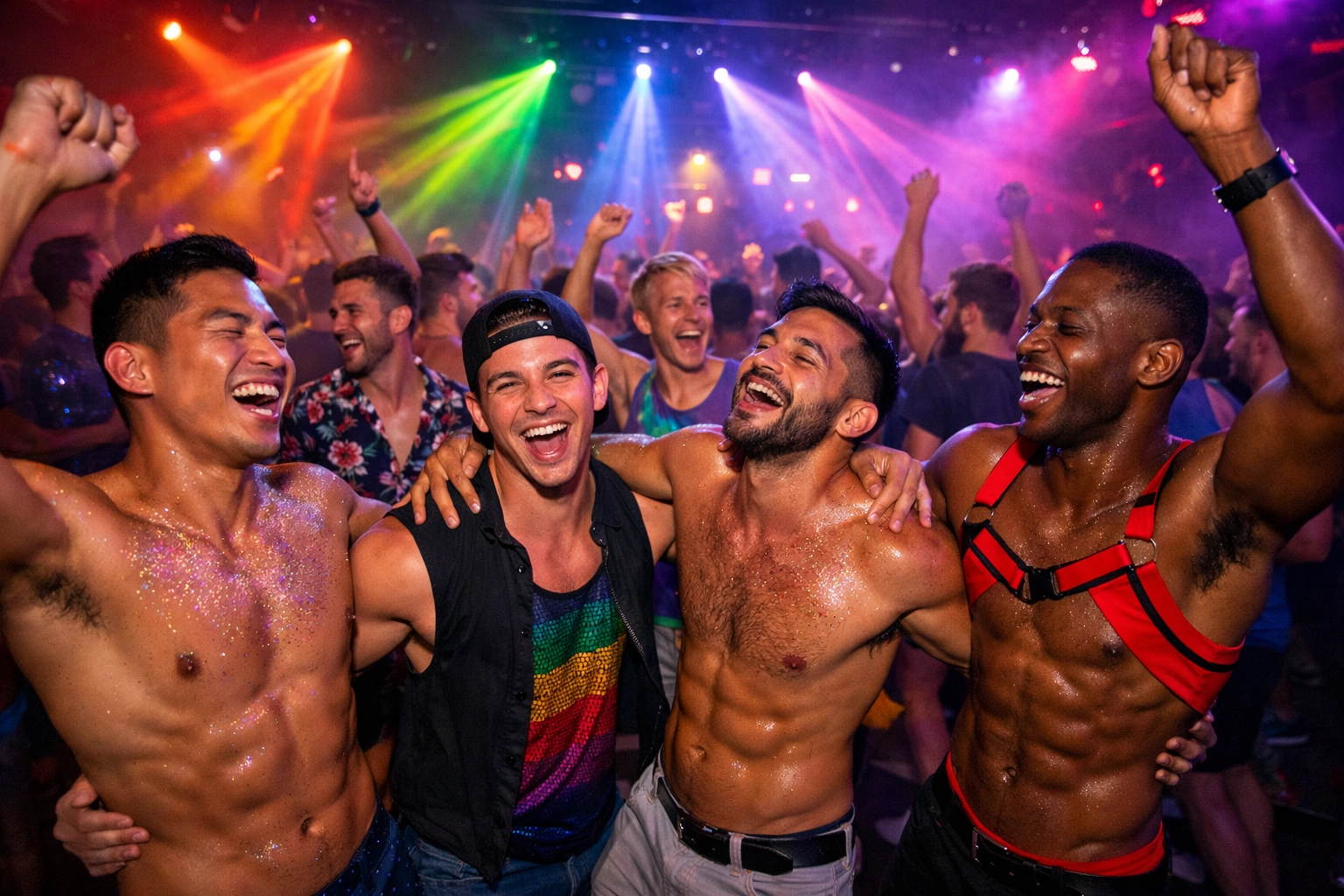 LGBTQ+ Eurovision fans dancing and celebrating at Euroclub with rainbow lights