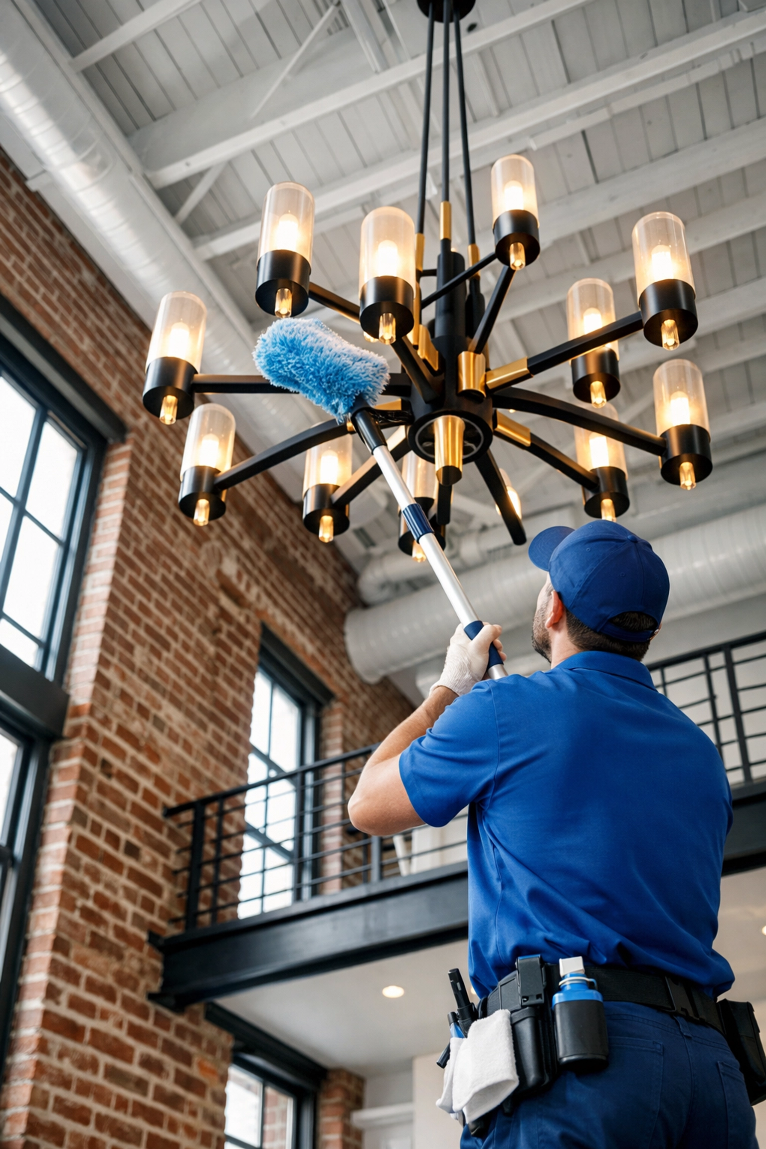 Maid services Worcester dusting high ceiling light fixtures in a historic loft during a move-out cleaning.