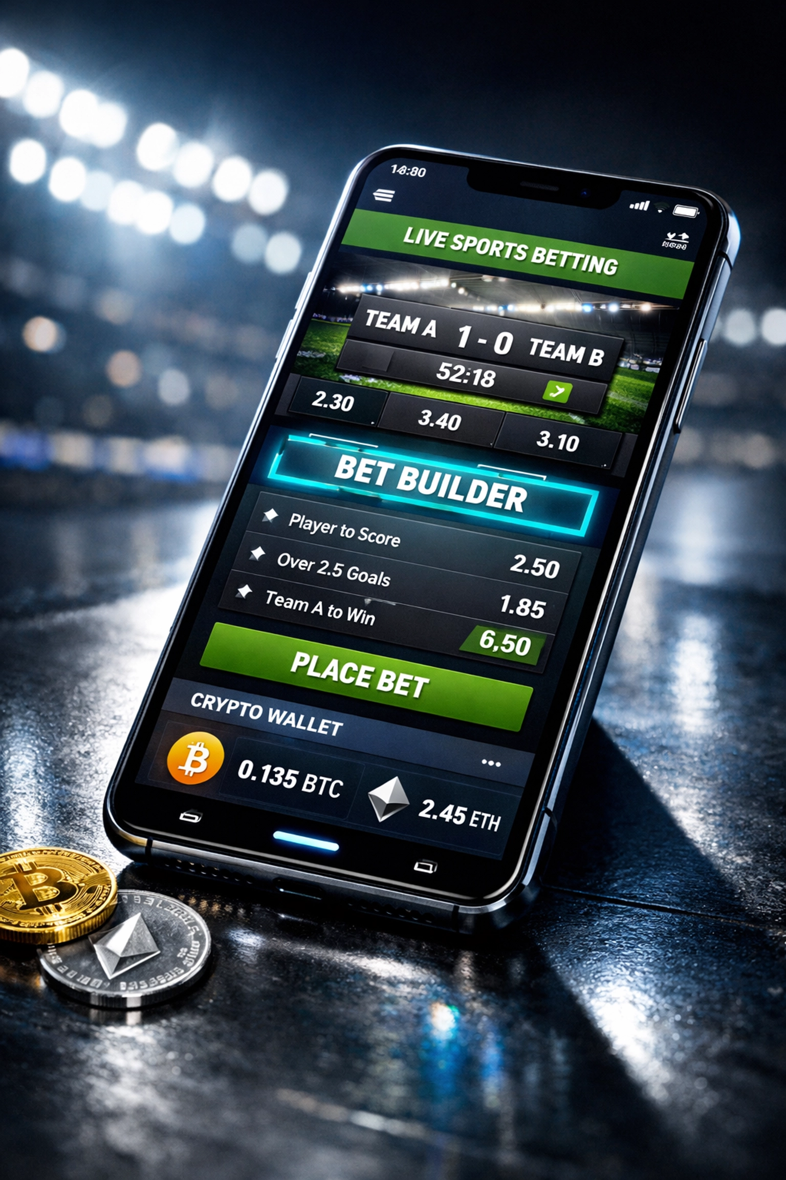 Moderne Sportwetten-App mit Krypto-Zahlung und Bet-Builder-Funktion auf Smartphone