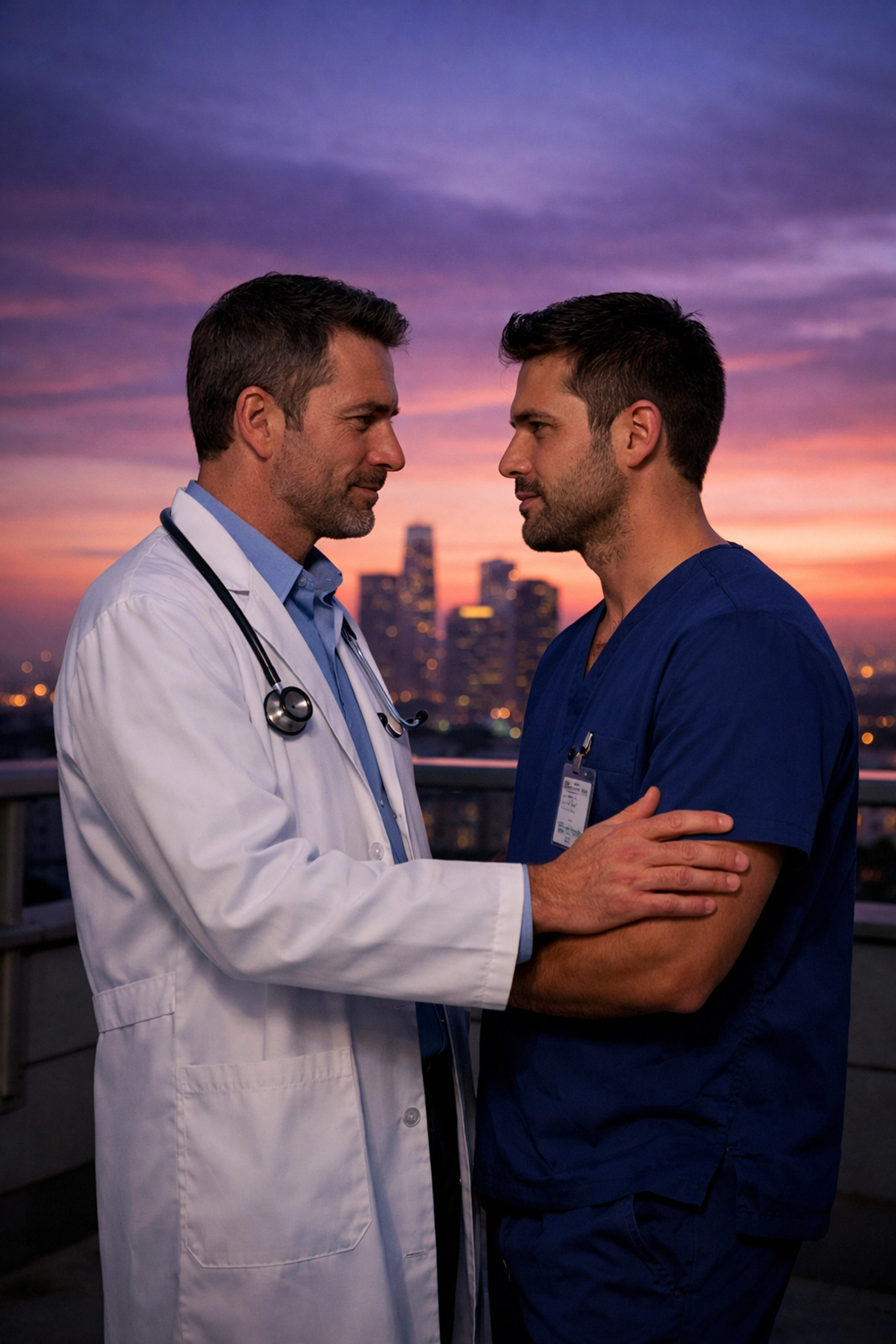 A doctor and nurse share a quiet moment on a rooftop, illustrating the deep connection found in LGBTQ+ fiction.