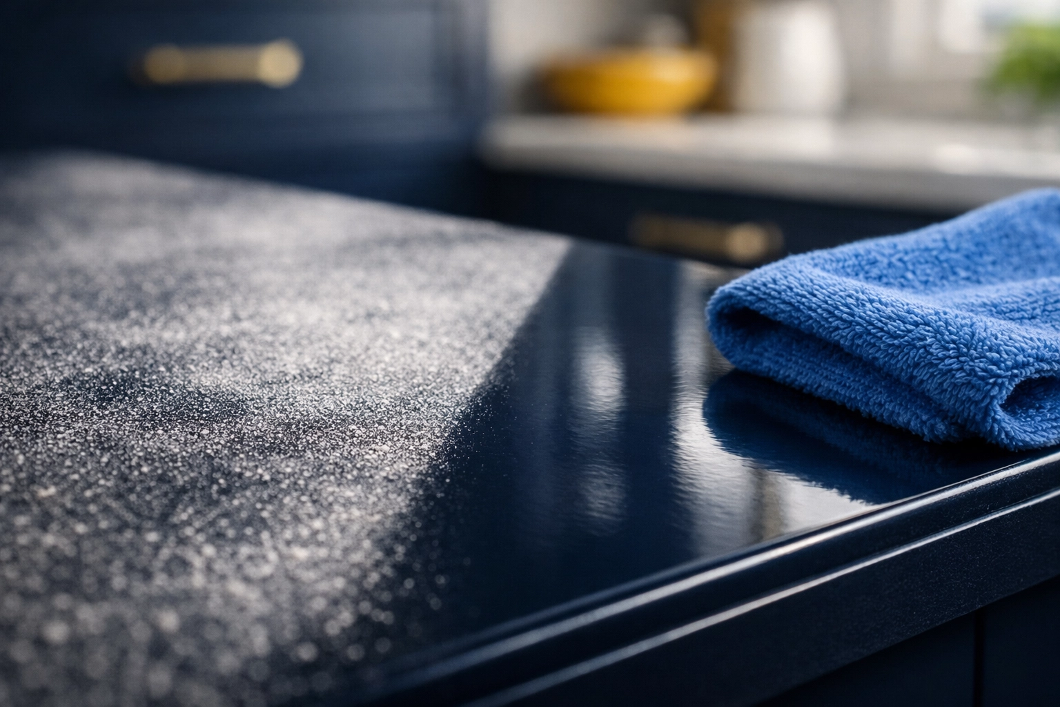 Microfiber cloth removing construction dust from dark kitchen cabinets during post construction cleaning in Foxborough.