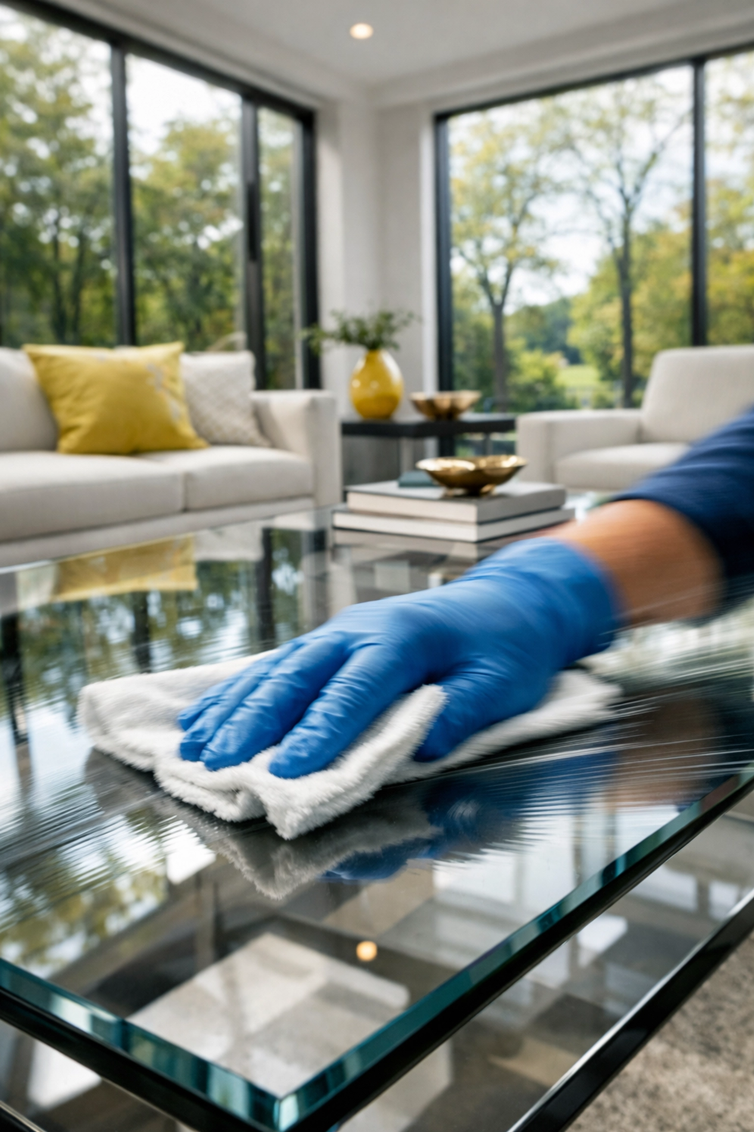 Fast and reliable professional cleaners sanitizing a modern glass table in a Needham MA home.