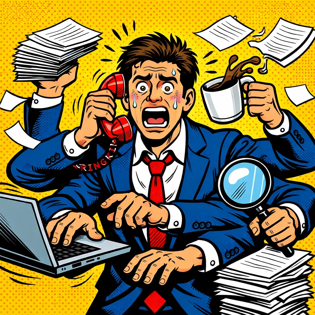 Stressed entrepreneur juggling paperwork before using an ai virtual assistant for business.