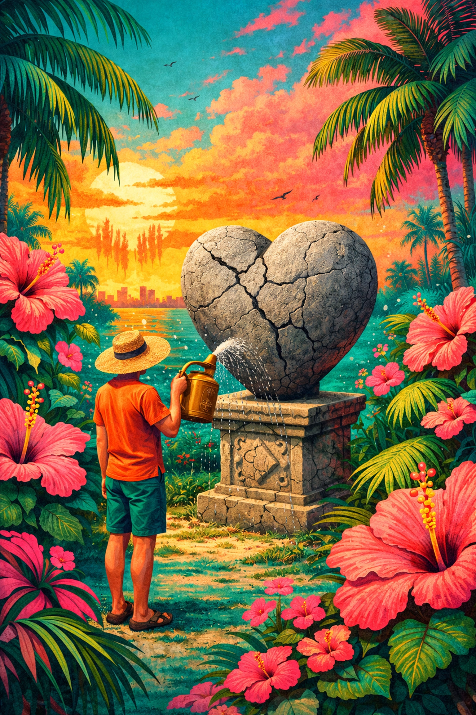 Watering a stone heart in a Sarasota garden, showing the cycle of choosing project partners with an abandonment wound.