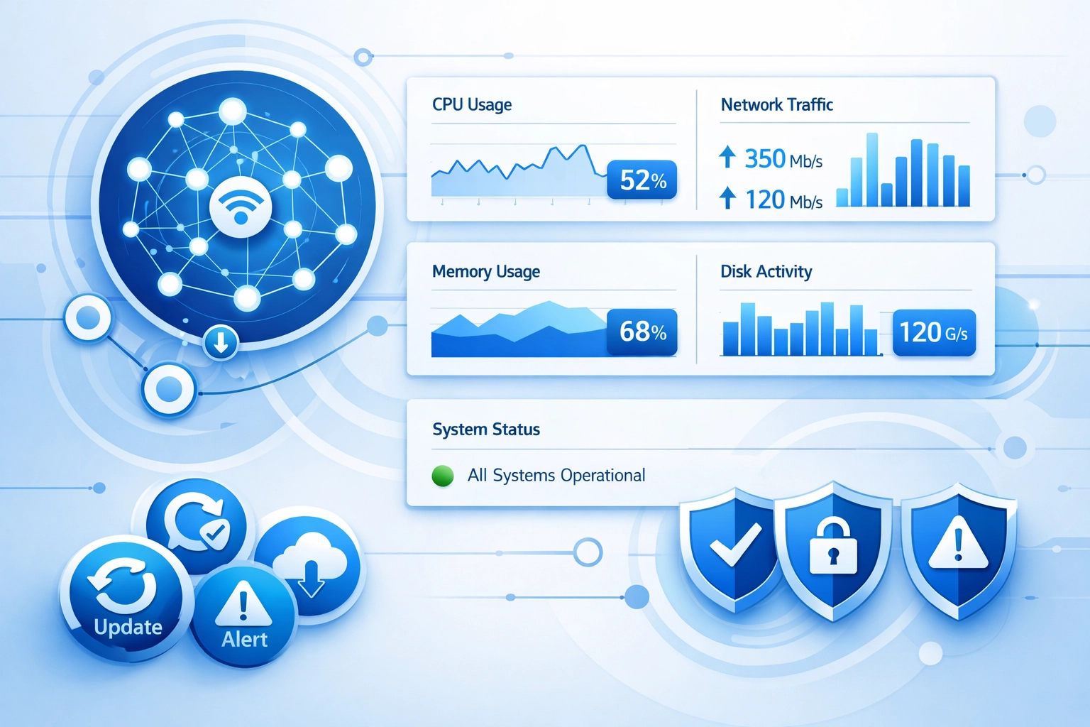 Managed IT support dashboard showing system monitoring, security alerts, and network management