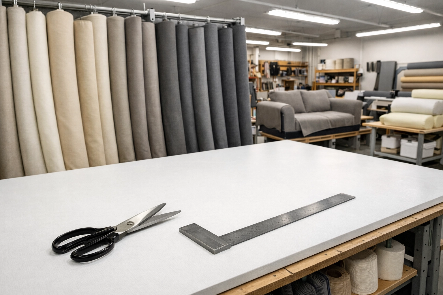 Inside the clean, climate-controlled Stuff It Upholstery workshop with professional fabric rolls and equipment.