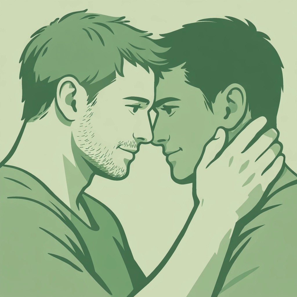 An intimate MM couple sharing a look of authentic connection, honoring non-binary identities in queer fiction.