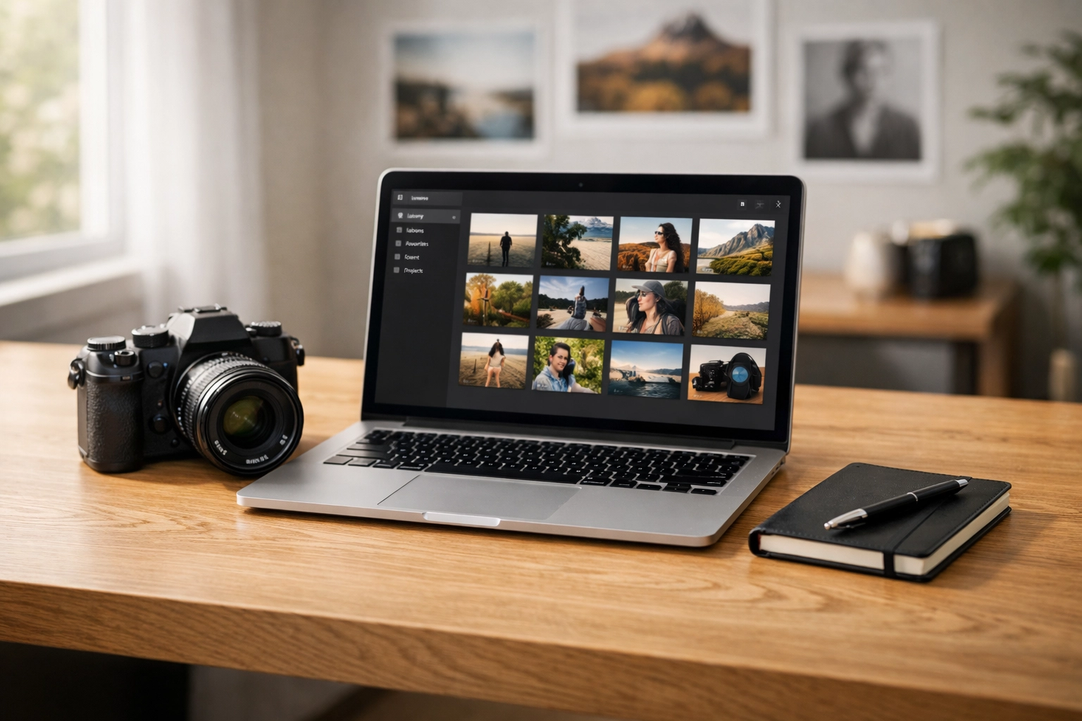Organized professional photography workspace with camera and laptop for managing clients and booking new work.