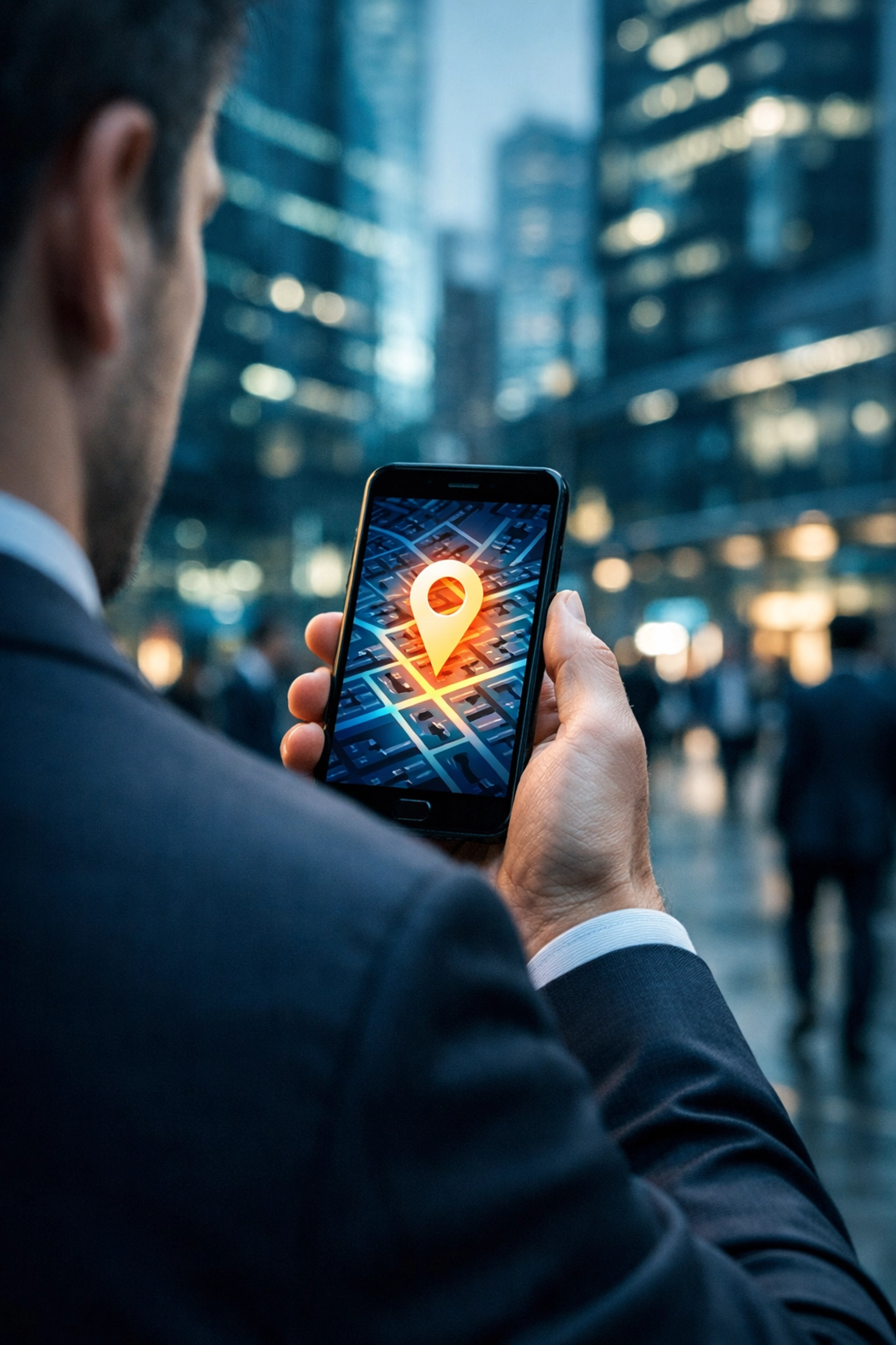 A customer using a smartphone map with a location pin to find a local service provider.