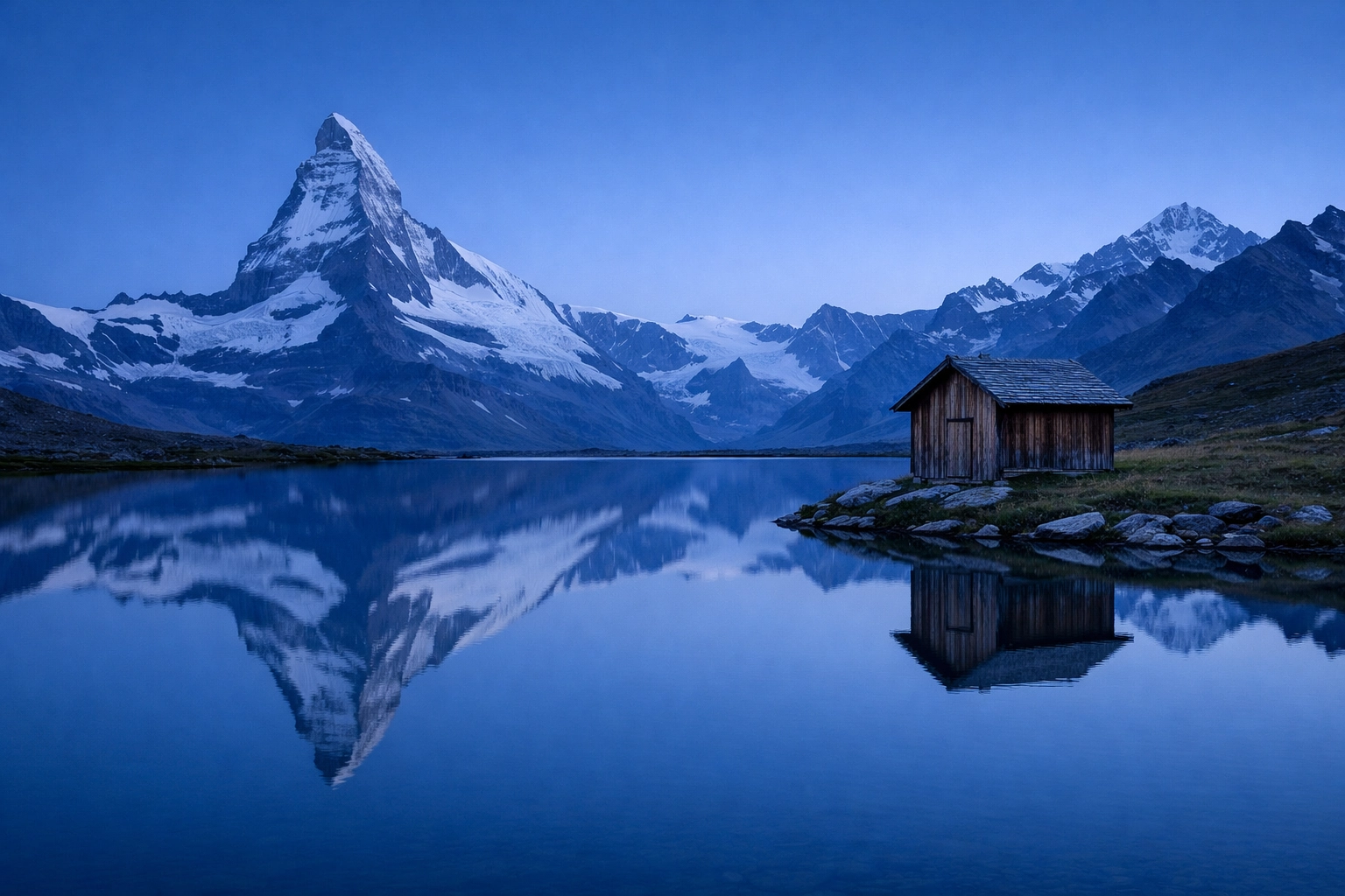 Alpine lake hut in Switzerland using rule of thirds to create balanced professional travel photography.
