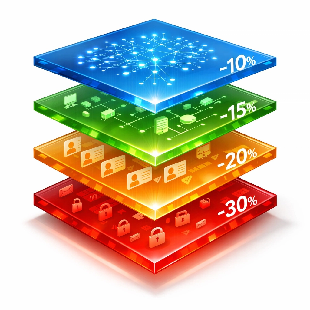 Four-layer ServiceNow ITAM optimization framework showing progressive cost savings