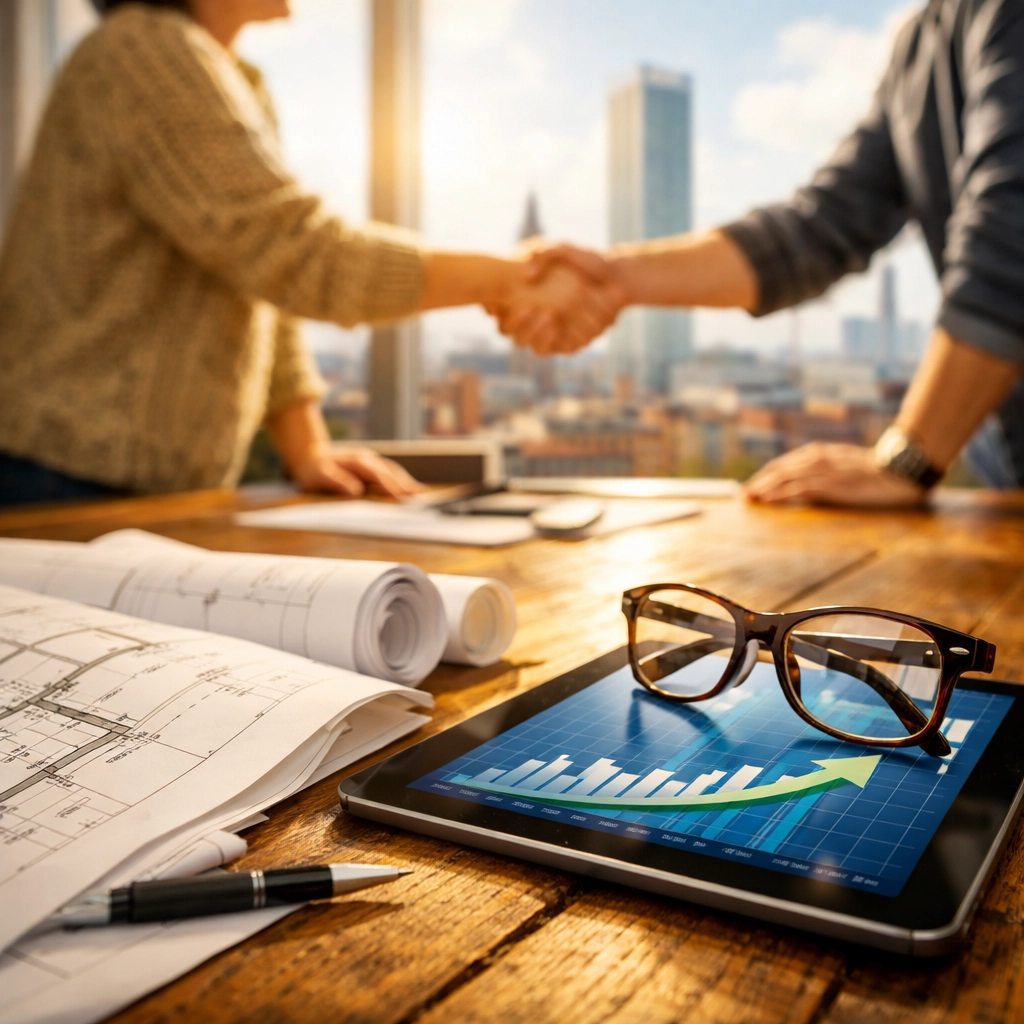 A property developer and financial advisor shaking hands over a successful refinancing plan.