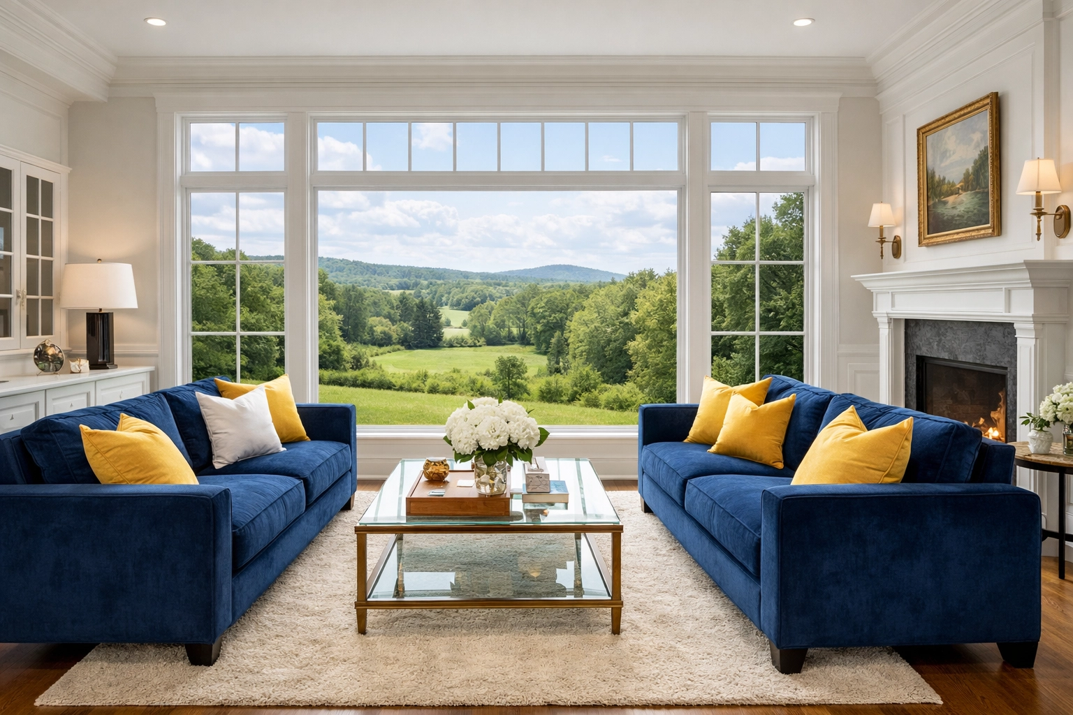 Spotless living room in Westford featuring large windows and clean interiors after residential deep cleaning.