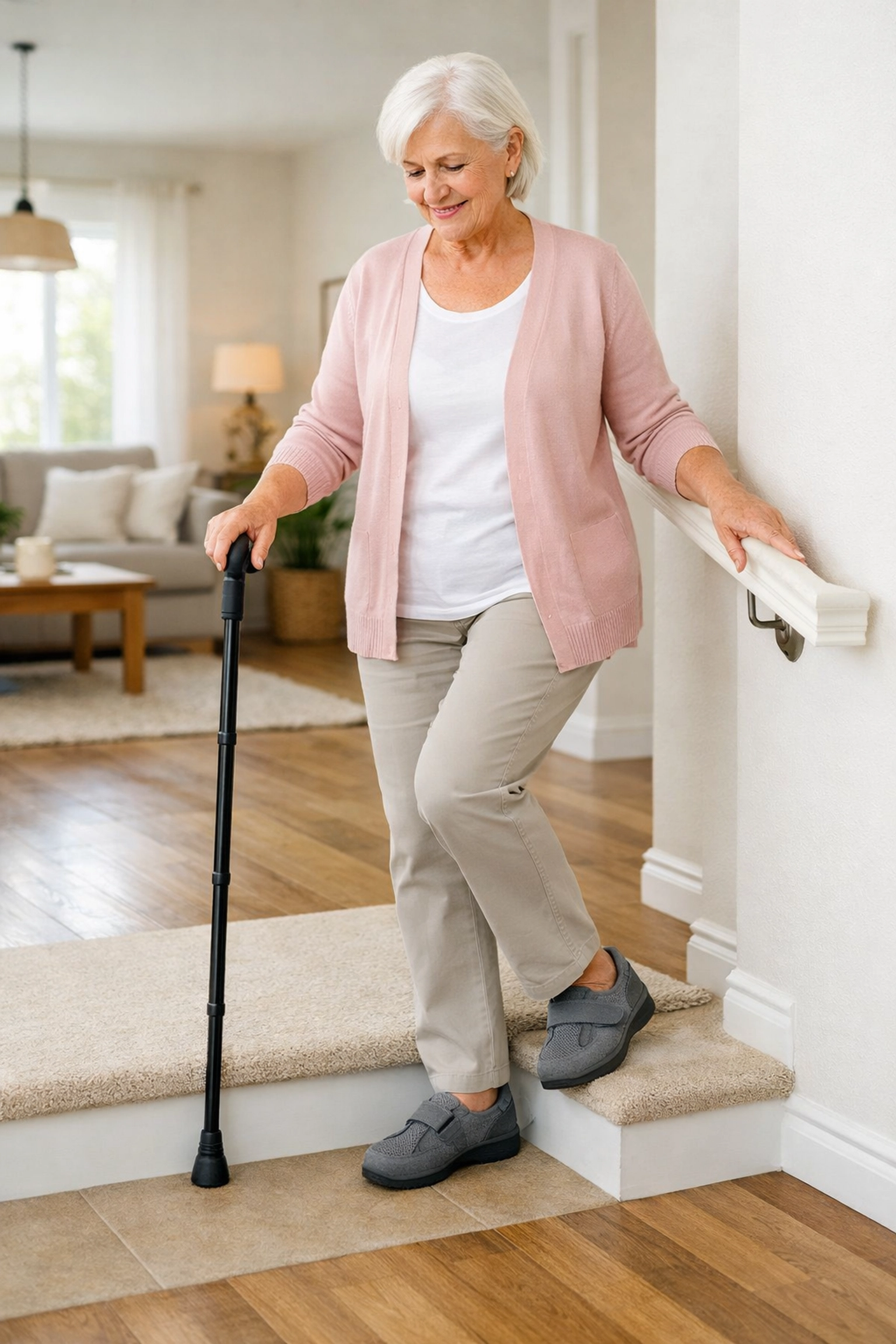 Senior woman safely using a cane and handrail while descending home stairs.