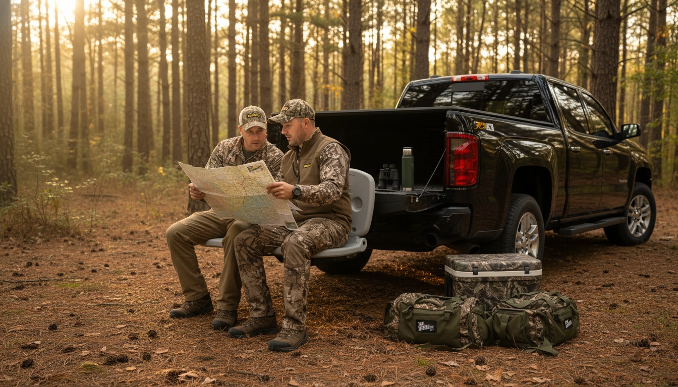 tailbreaker hitch mounted seating system on pickup truck in woods 2 guys map 2 guys reading a map siting on tailbreaker seating system attached to a pick up truck in the woods