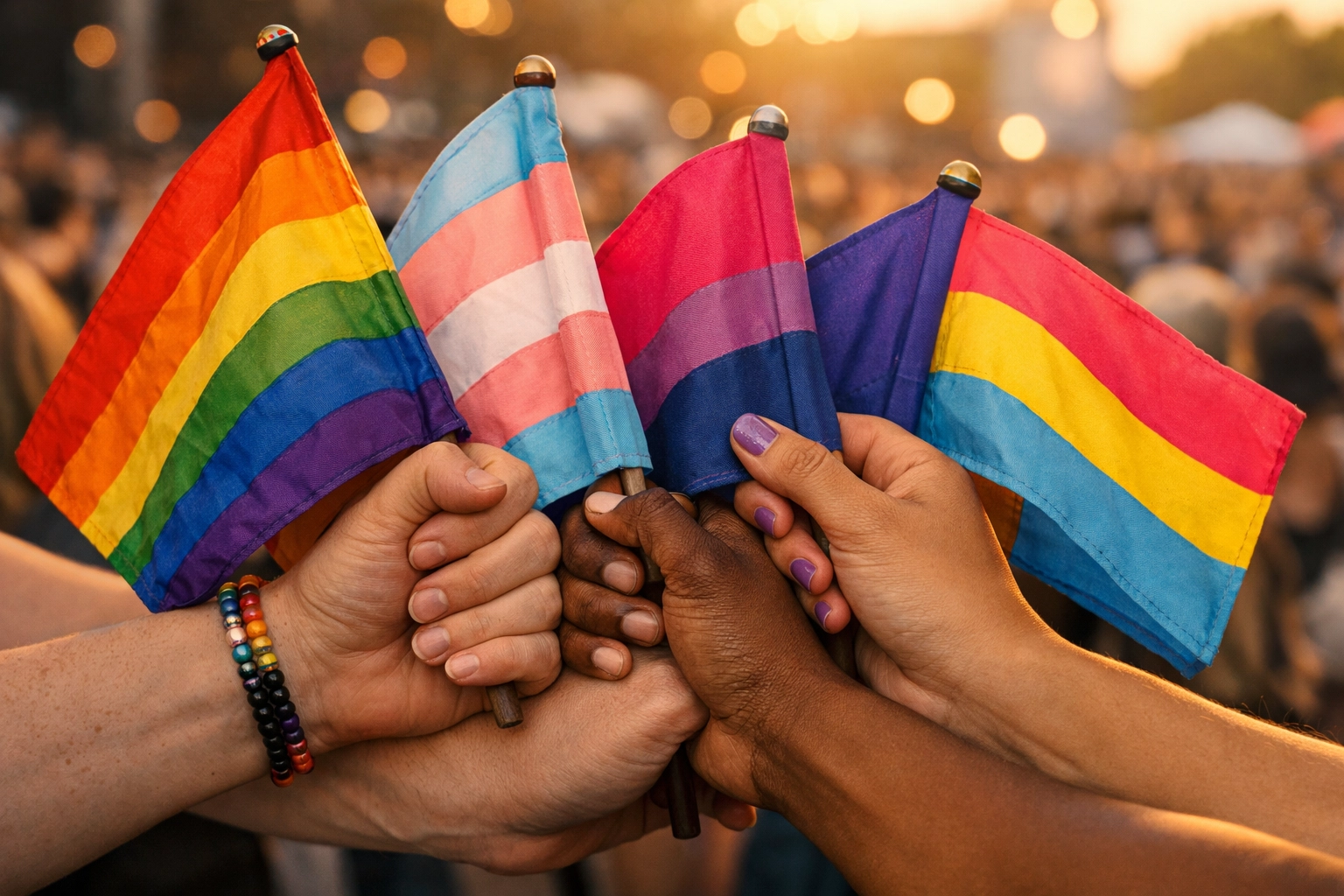 Rainbow, transgender, bisexual and pansexual Pride flags held together in unity