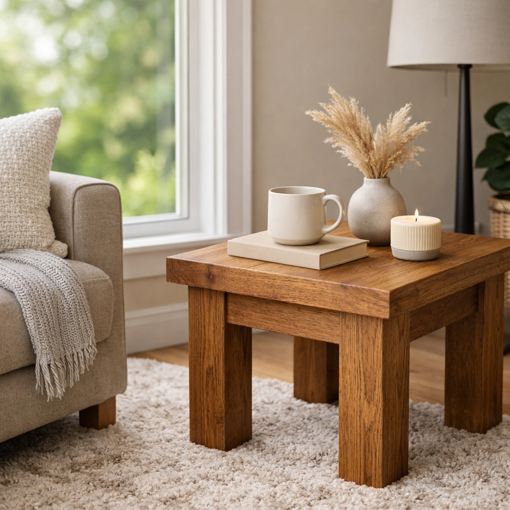Cozy living room interior featuring a large energy-efficient window and a view of a lush green garden.