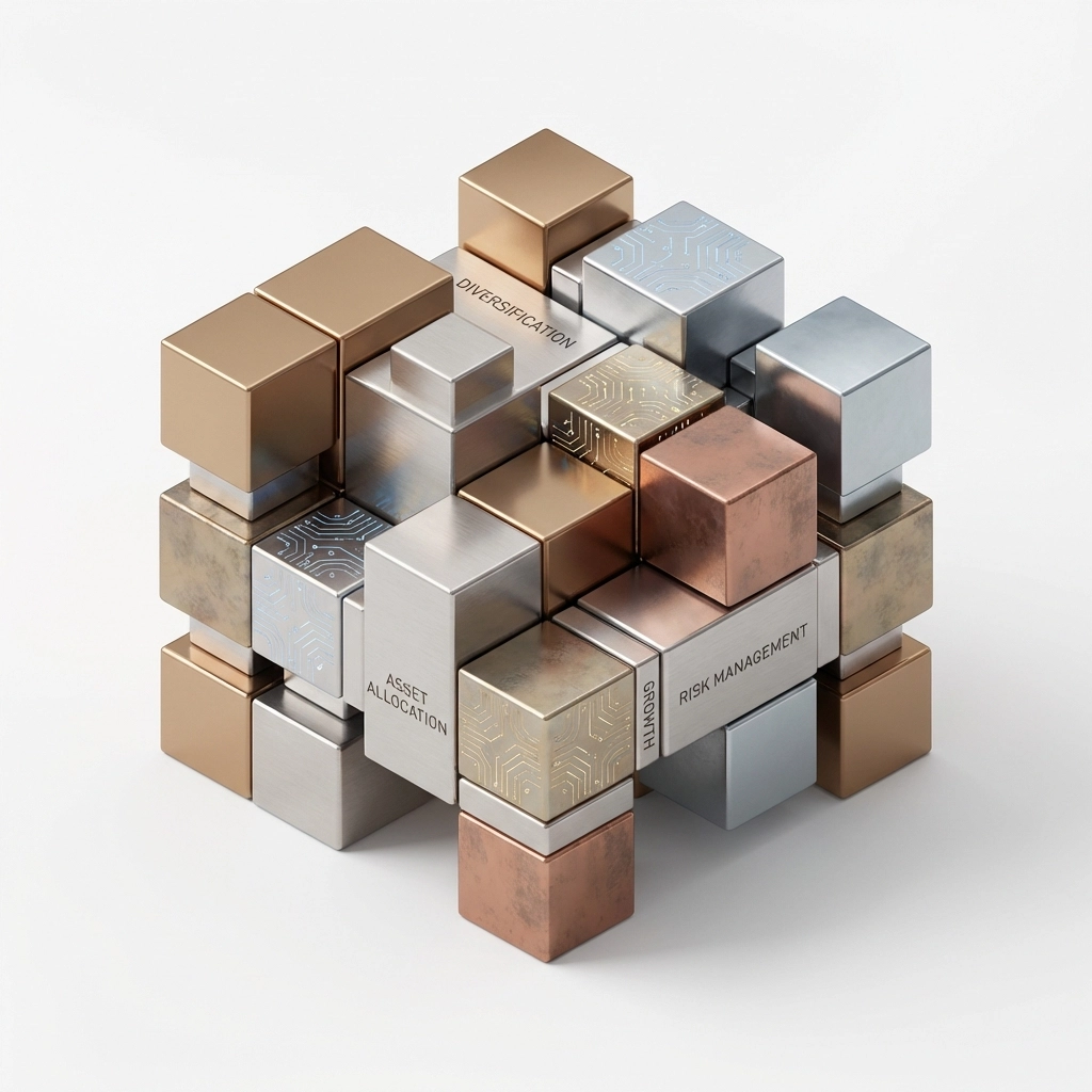 Interconnected metallic building blocks showing portfolio construction and technology integration for private equity