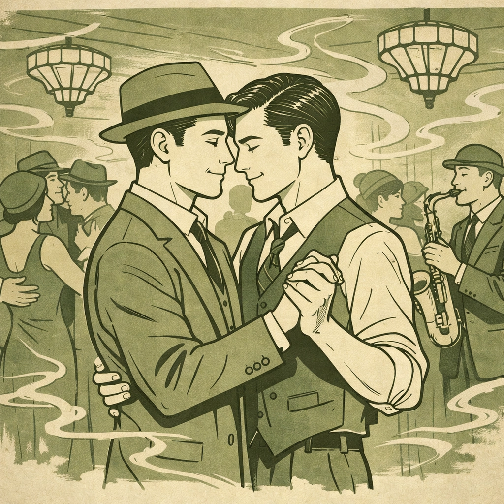 MM couple dancing together in 1920s jazz club - gay romance in prohibition-era speakeasy