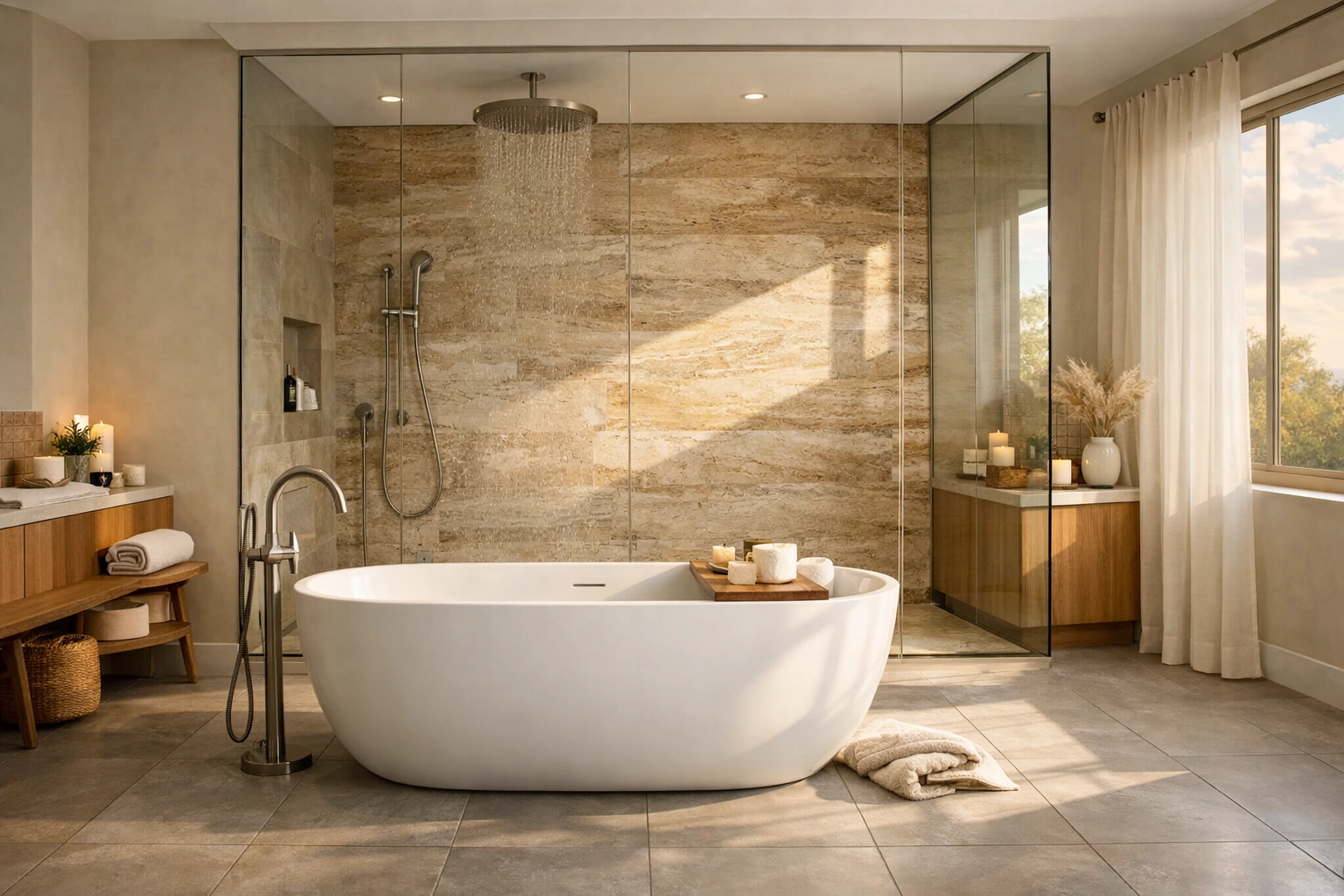 Modern bathroom renovation Orlando featuring a freestanding soaking tub and natural stone wet room finishes.
