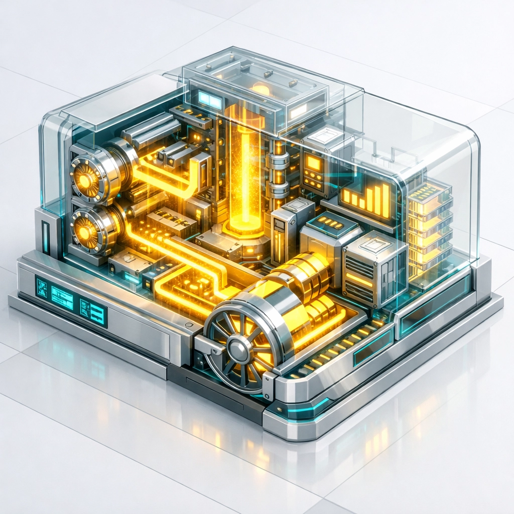 An organized business engine with glowing light pathways, symbolizing a streamlined operating system.