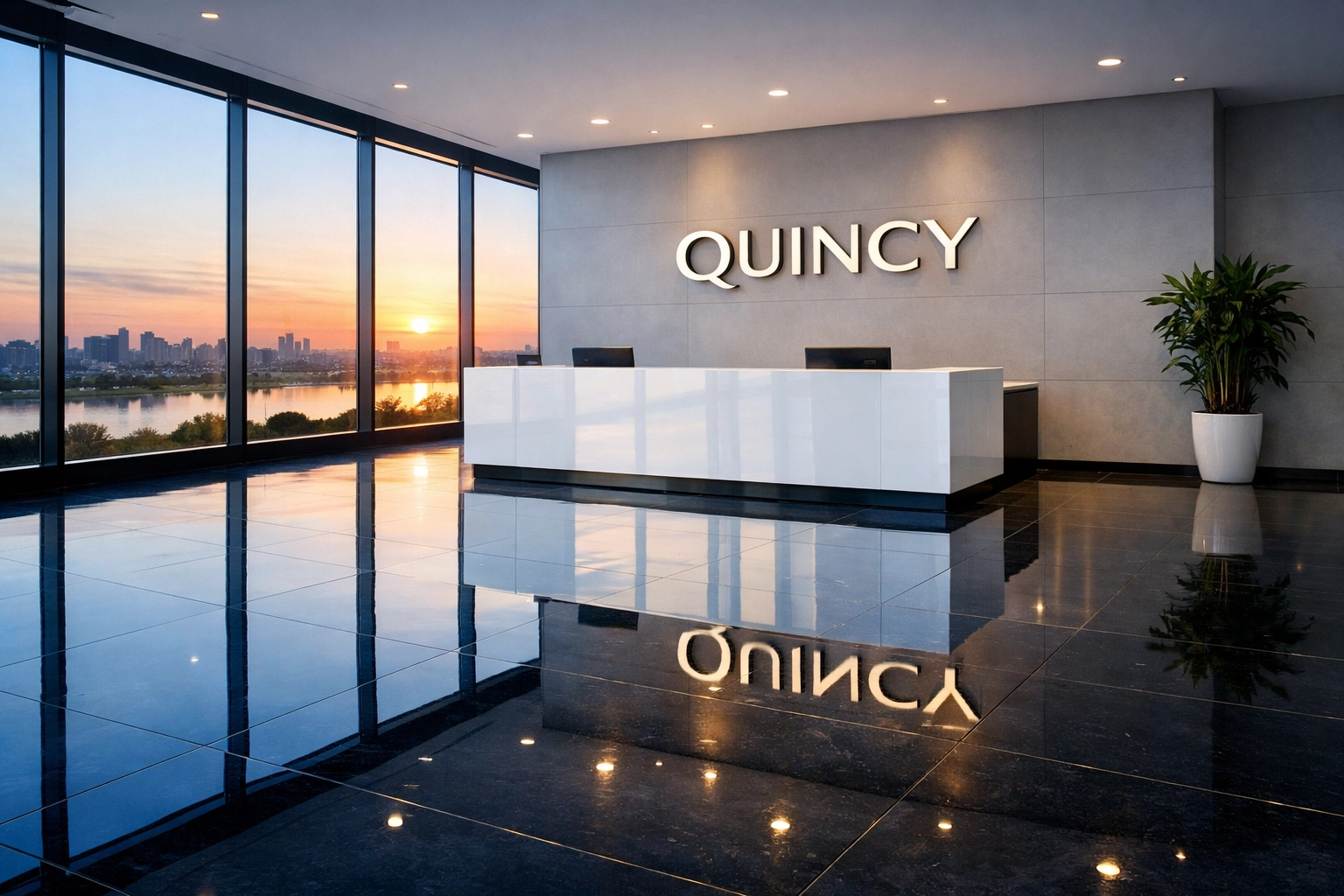 Modern Quincy business lobby featuring flawlessly polished floors that reflect a professional and clean image.