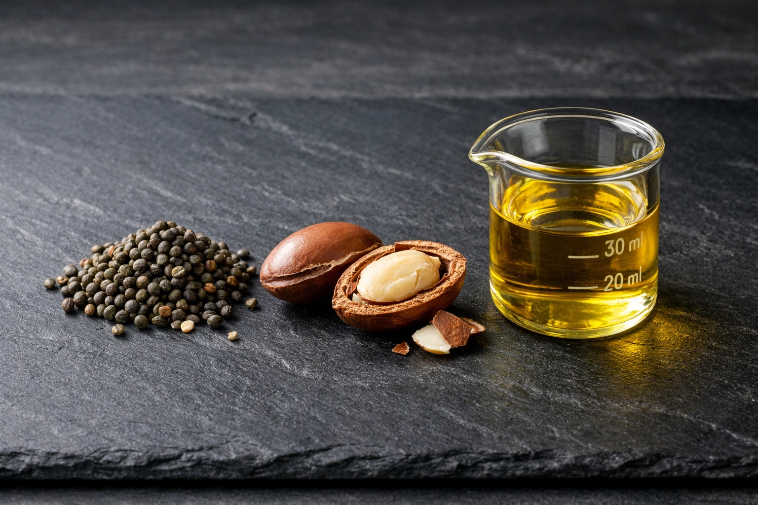 Natural grooming ingredients including broccoli seeds and jojoba oil for healthy beard growth.