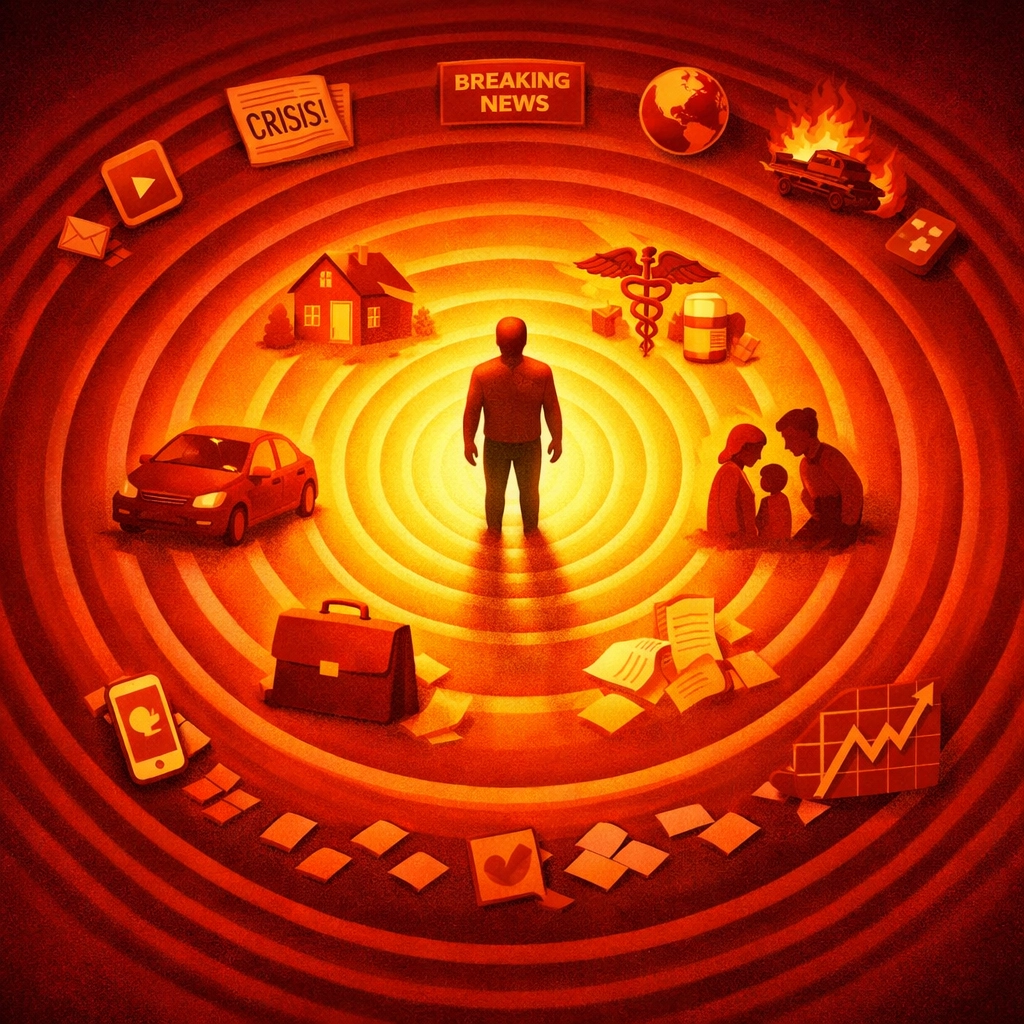 Illustration of anxiety rippling outward from news consumption into personal worries and fears